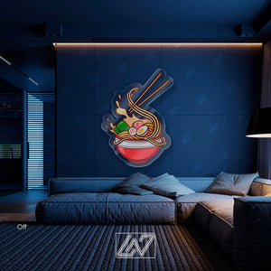 Ramen Noodle Egg And Meat With Chopstick - LED Neon Sign with UV Print, Food Neon Sign, Kitchen Neon Sign