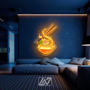 Ramen Noodle Egg And Meat With Chopstick - LED Neon Sign with UV Print, Food Neon Sign, Kitchen Neon Sign