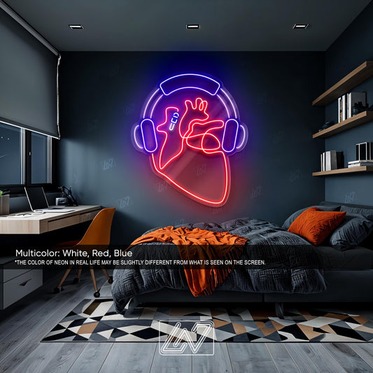 Headphone Heart - LED Neon Sign for Music Lovers, Aesthetic Wall Decor for Bedroom, Gaming Room, DJ Studio, Cool Light Up Sign Gift for Him