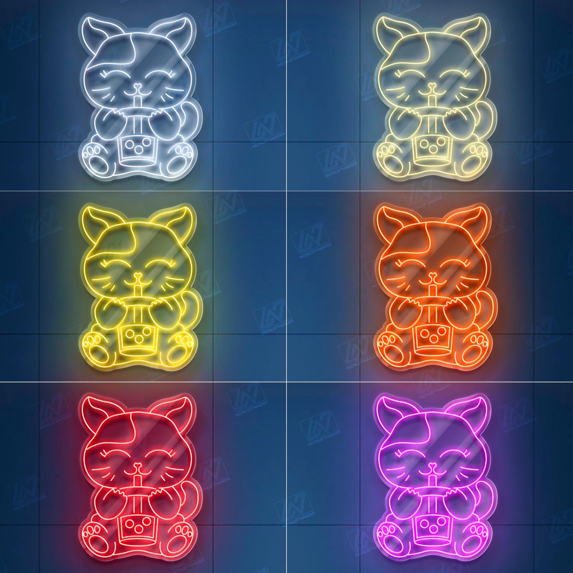 Boba Cat Neon Sign LED Light, Cute Kawaii Cat Drinking Bubble Tea Wall Art, Fun Aesthetic Decor for Café, Bedroom or Game Room