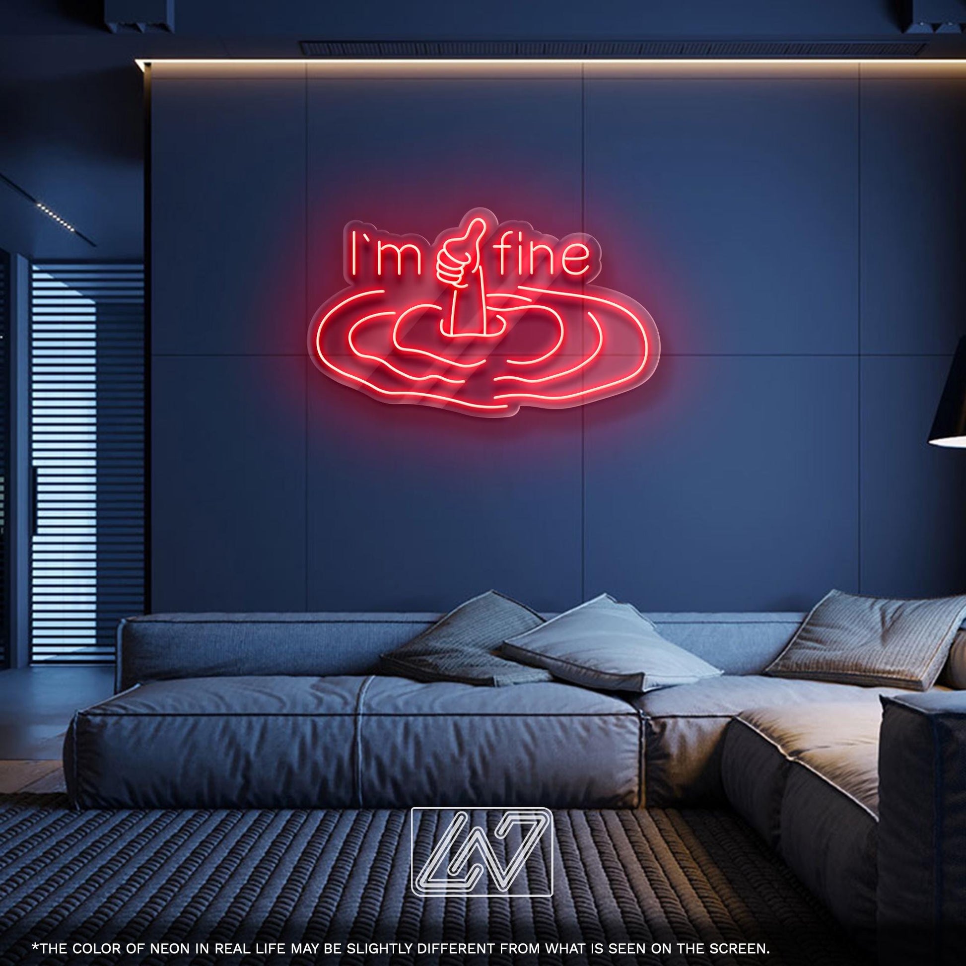 I'm Fine LED Neon Sign - Funny sarcastic wall decor with thumbs-up hand for bedroom, dorm room, or therapist office, perfect dark humor gift