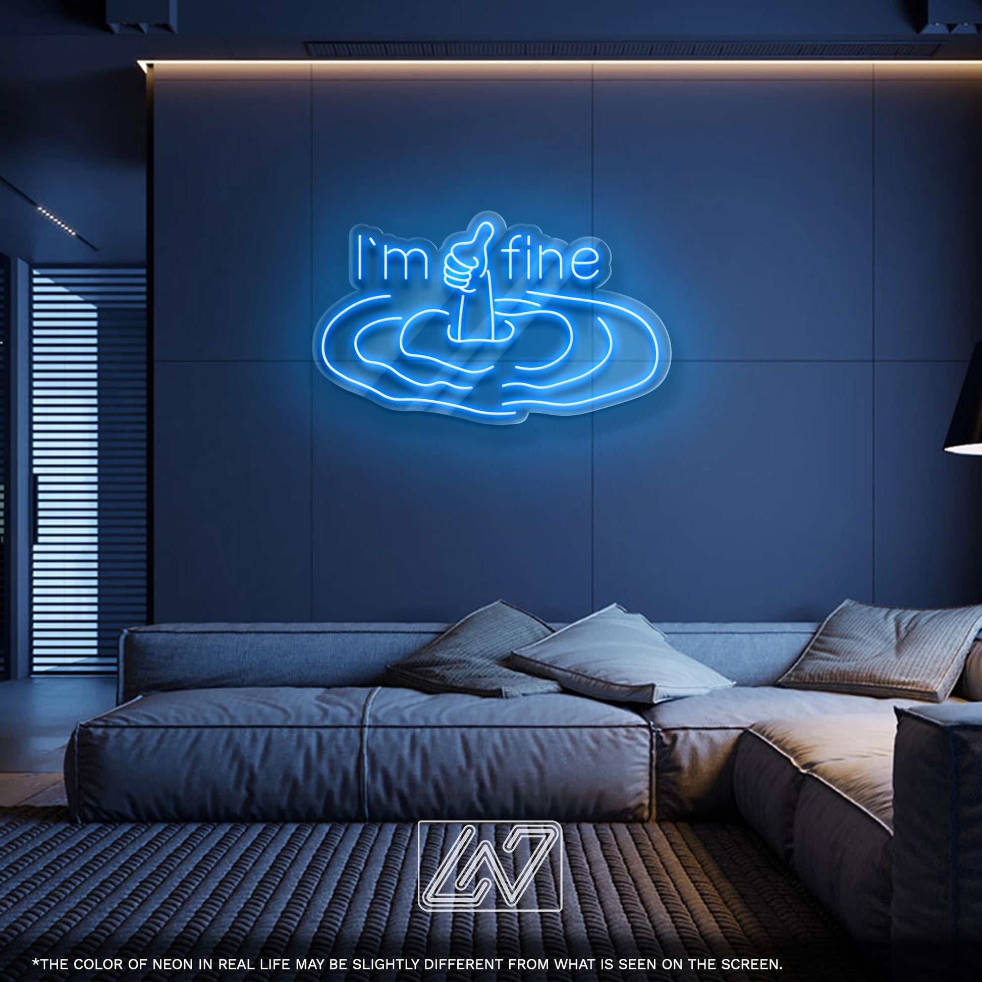 I'm Fine LED Neon Sign - Funny sarcastic wall decor with thumbs-up hand for bedroom, dorm room, or therapist office, perfect dark humor gift