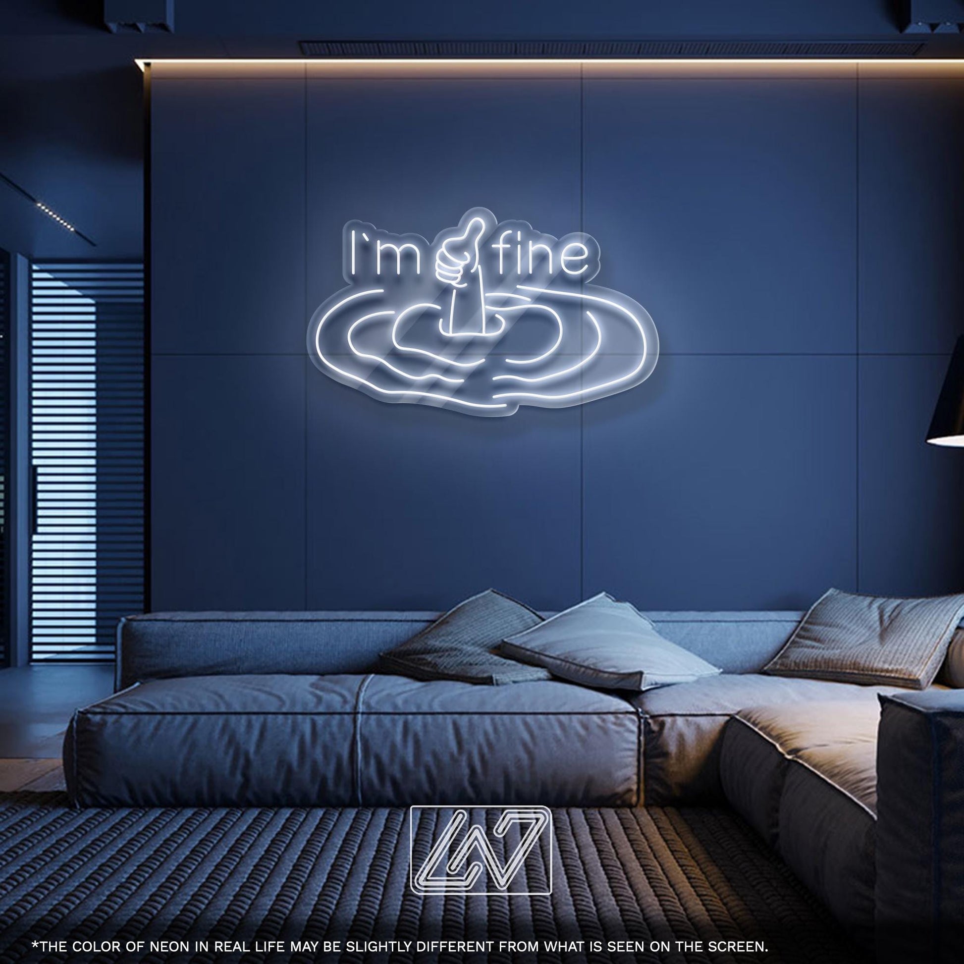 I'm Fine LED Neon Sign - Funny sarcastic wall decor with thumbs-up hand for bedroom, dorm room, or therapist office, perfect dark humor gift