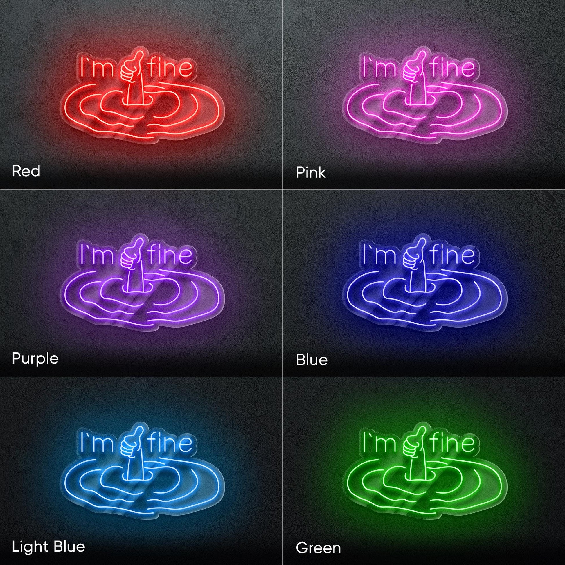 I'm Fine LED Neon Sign - Funny sarcastic wall decor with thumbs-up hand for bedroom, dorm room, or therapist office, perfect dark humor gift