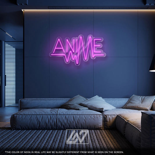 Neon sign spelling anime in pink, perfect for anime fans and stylish decor.