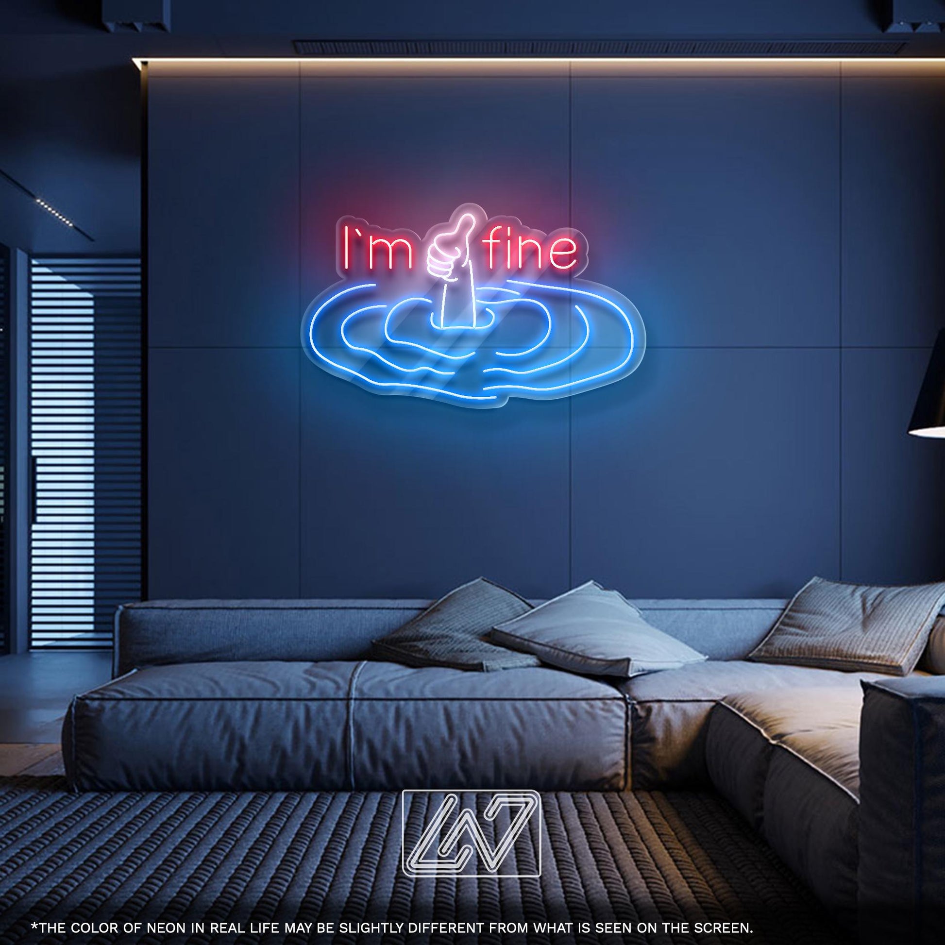 I'm Fine LED Neon Sign - Funny sarcastic wall decor with thumbs-up hand for bedroom, dorm room, or therapist office, perfect dark humor gift