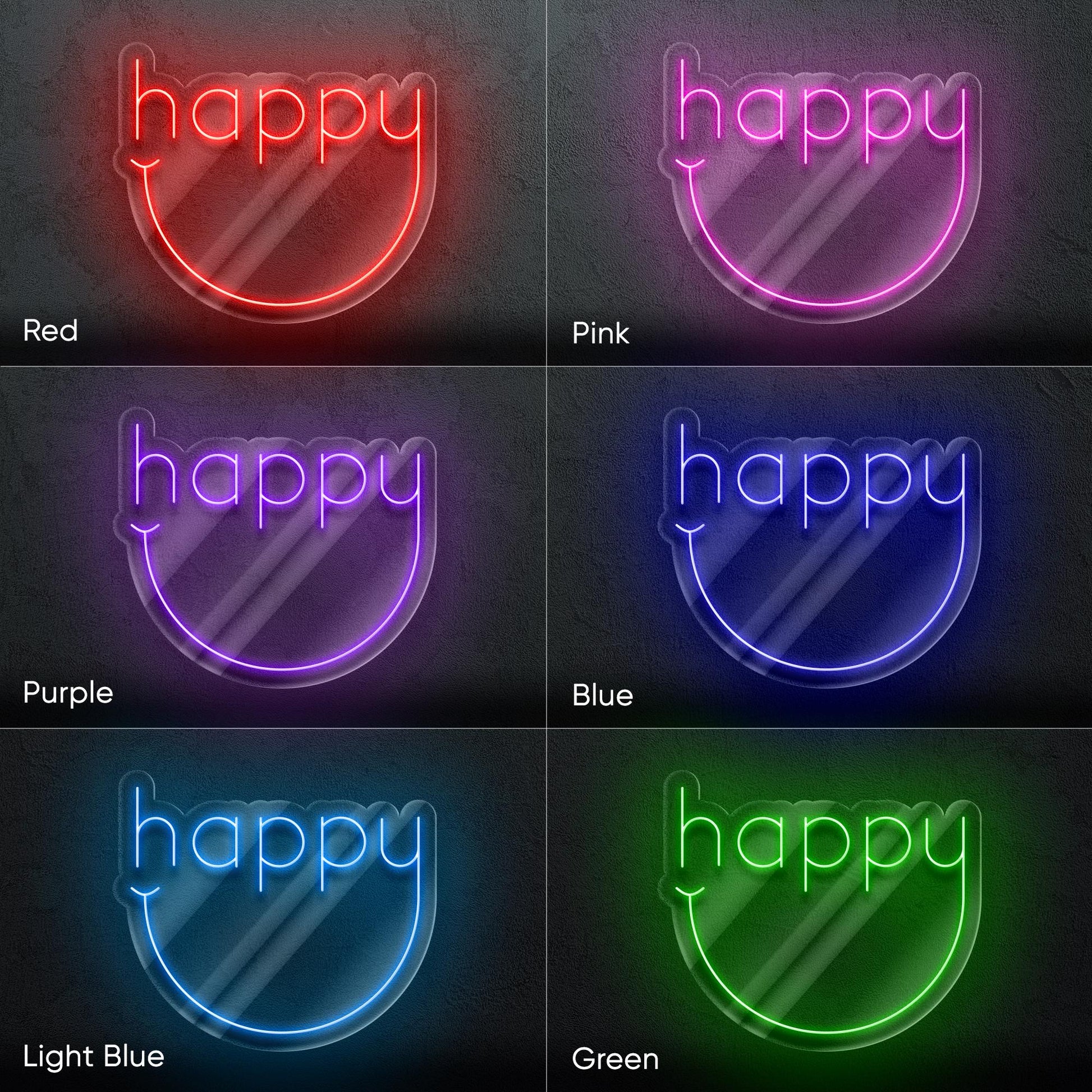 Happy Neon Sign - Cheerful and minimal LED wall decor with a curved smile design, perfect for living rooms, nurseries, studios, cozy spaces