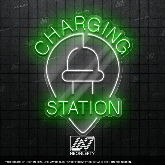 Neon charging station sign perfect for tech lovers and modern decor.
