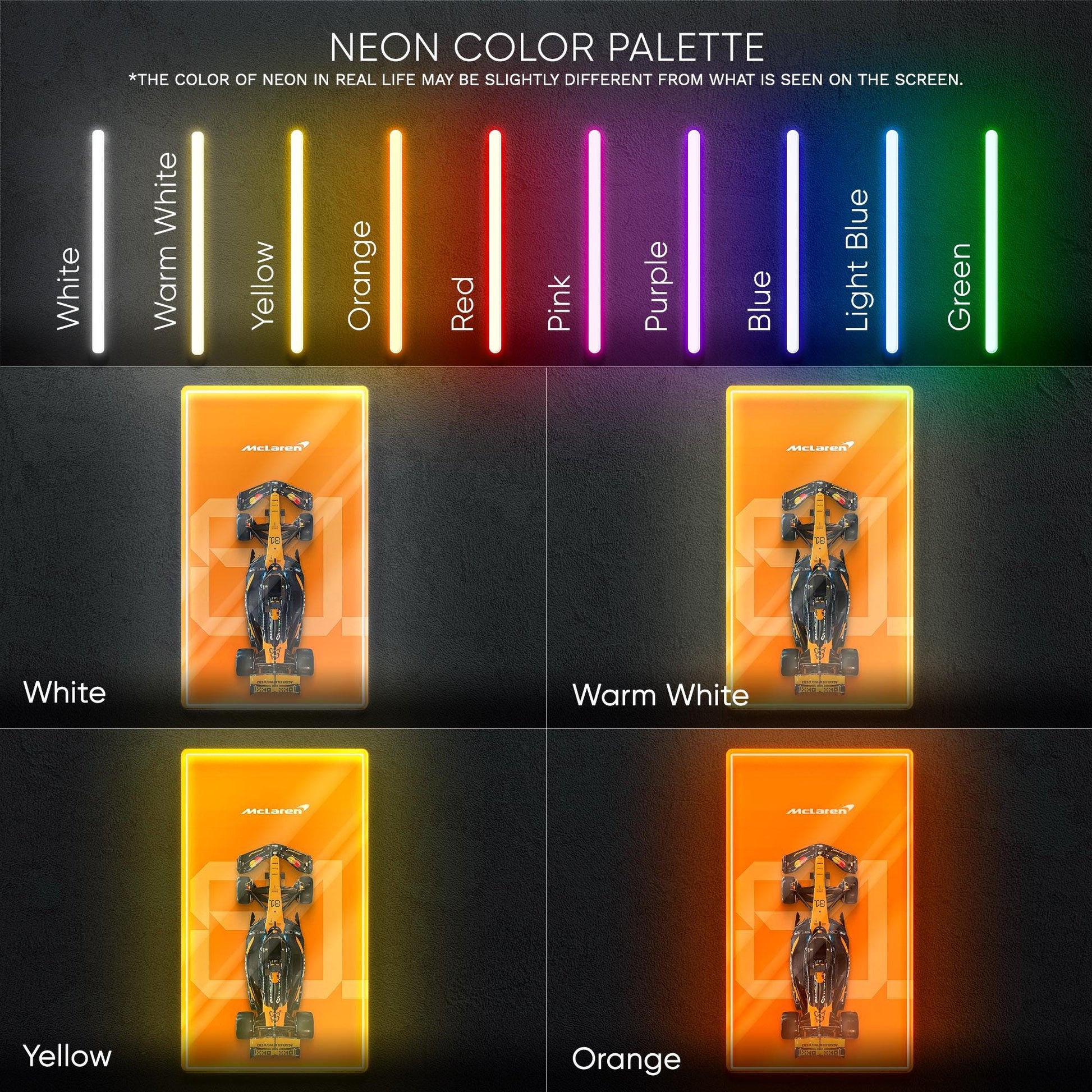 F1 McLaren Car - LED neon sign with top view race car design perfect for motorsport lovers, man caves, game rooms or Formula 1 themed decor