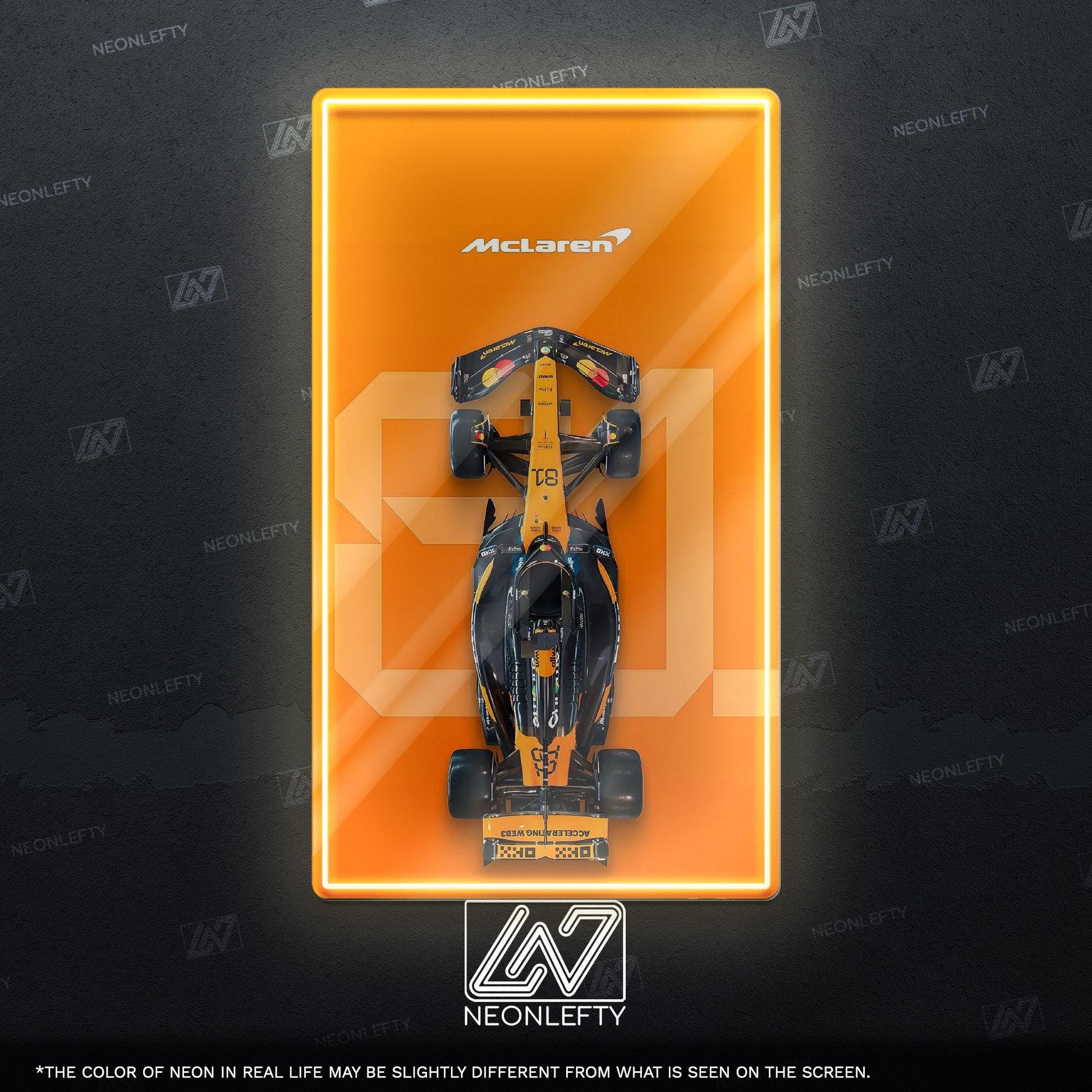 F1 McLaren Car - LED neon sign with top view race car design perfect for motorsport lovers, man caves, game rooms or Formula 1 themed decor