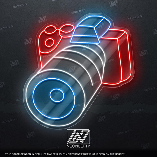 Neon sign of a camera, perfect for photography lovers and creative spaces.