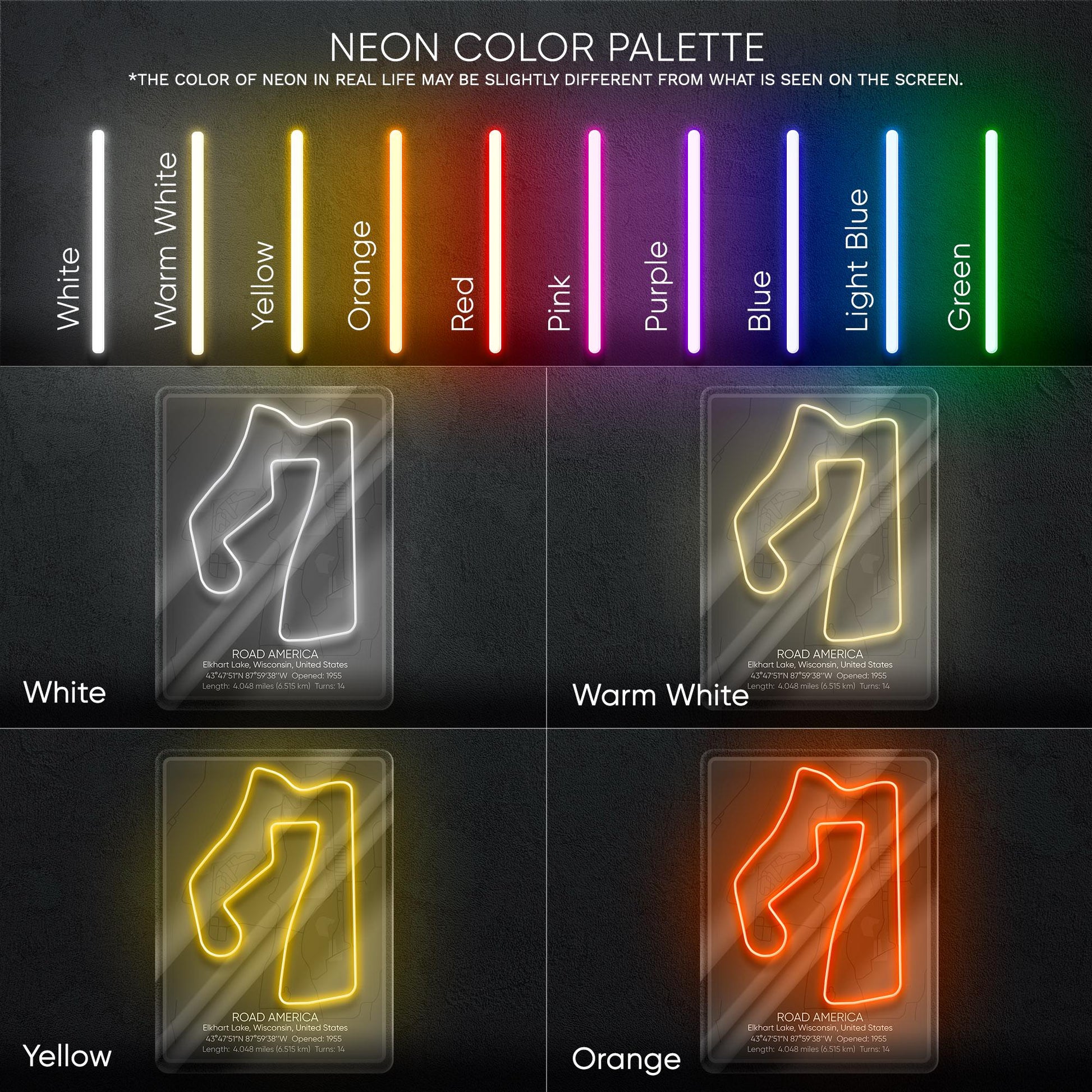 Road America Neon Sign - Classic American race track wall decor for motorsport fans, perfect for garage, man cave, racing-themed room