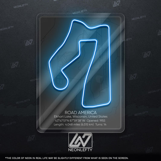Road America Neon Sign - Classic American race track wall decor for motorsport fans, perfect for garage, man cave, racing-themed room