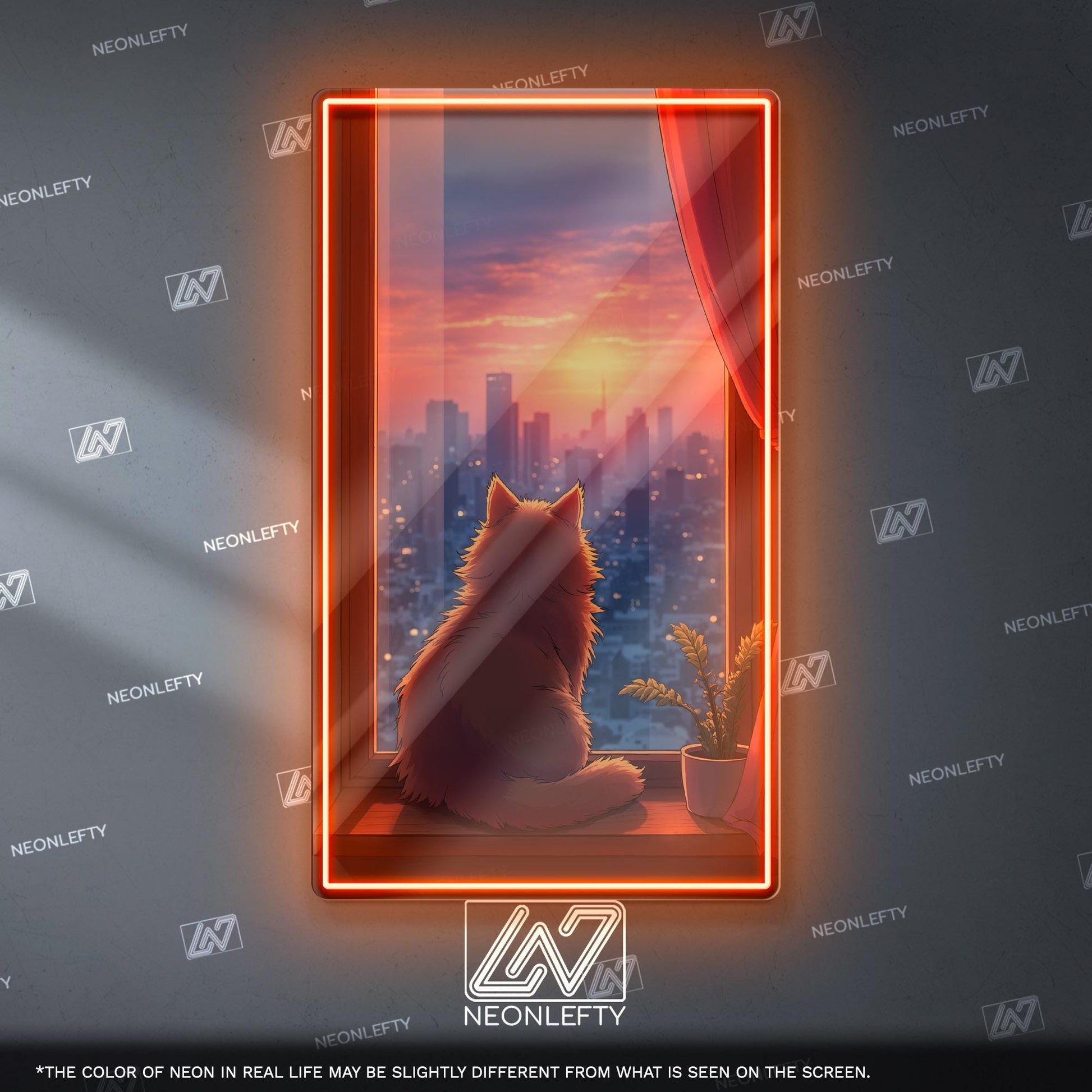 Cat Sunset Neon Sign - Cozy aesthetic cat wall decor with city view and sunset vibes, perfect for bedroom, living room, office