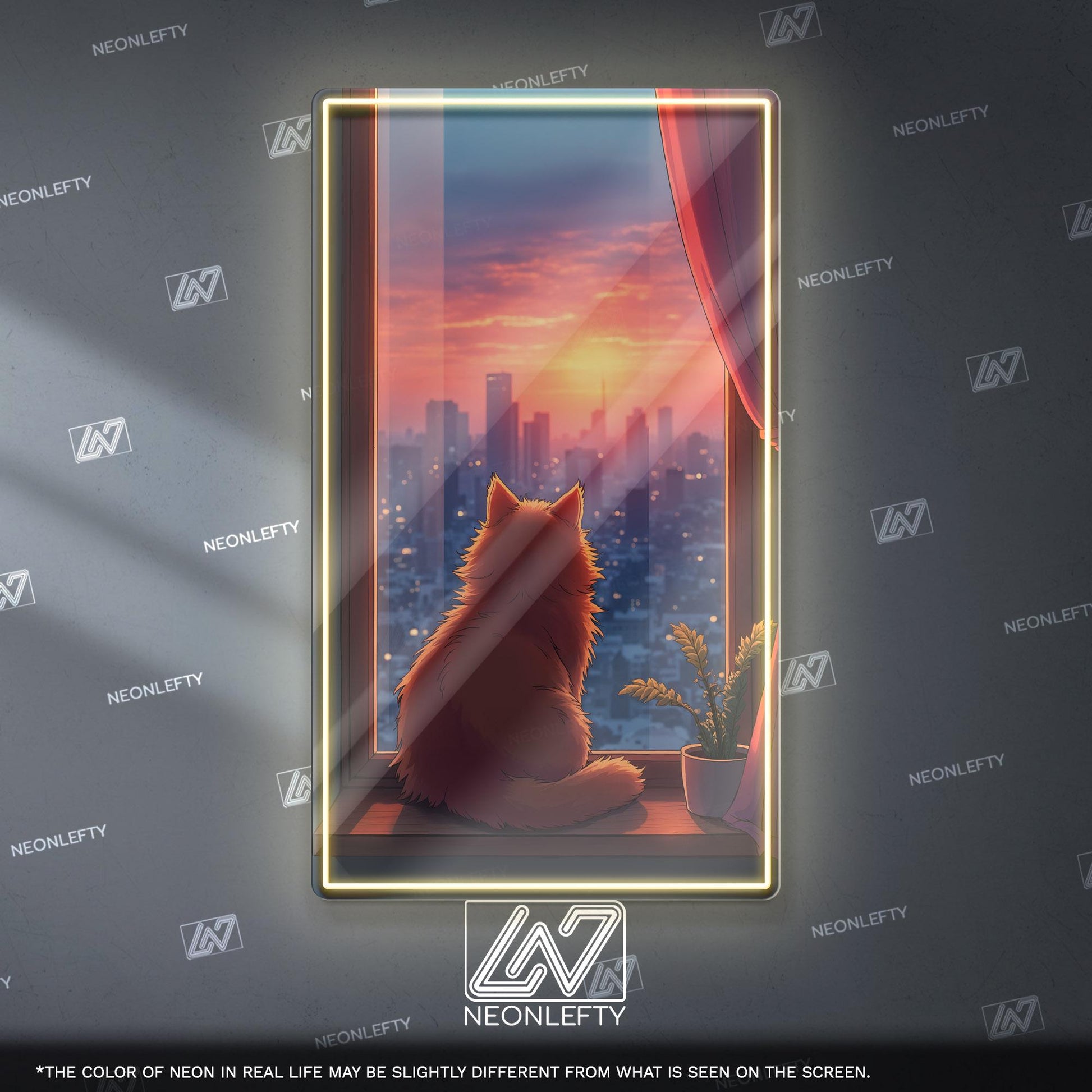 Cat Sunset Neon Sign - Cozy aesthetic cat wall decor with city view and sunset vibes, perfect for bedroom, living room, office