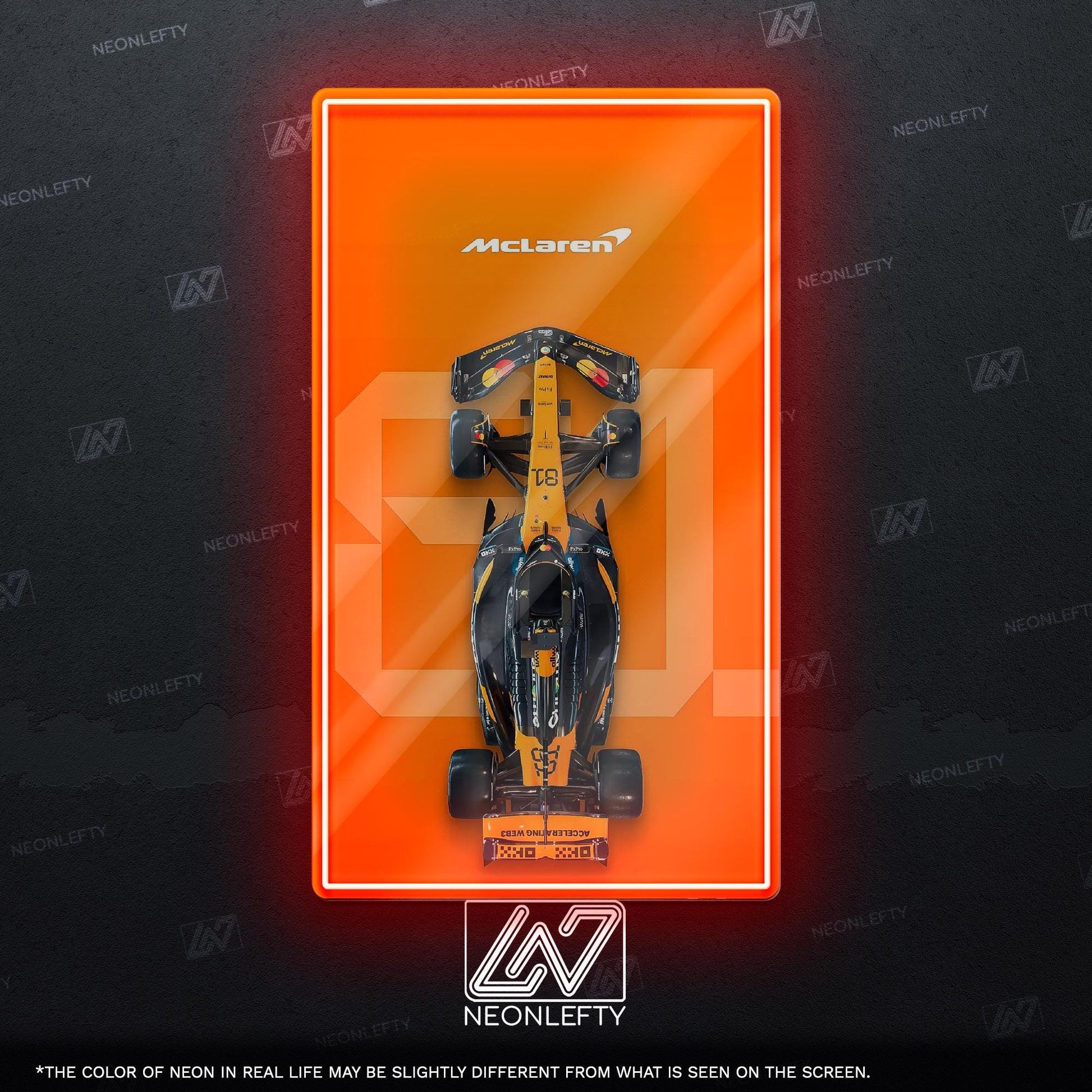F1 McLaren Car - LED neon sign with top view race car design perfect for motorsport lovers, man caves, game rooms or Formula 1 themed decor