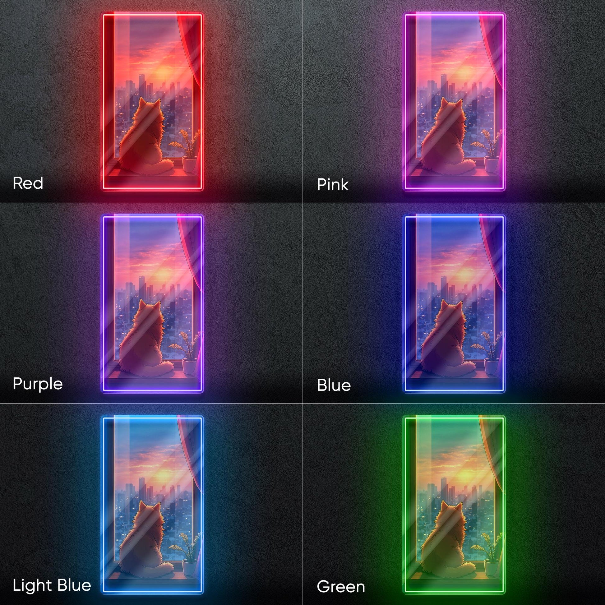 Cat Sunset Neon Sign - Cozy aesthetic cat wall decor with city view and sunset vibes, perfect for bedroom, living room, office