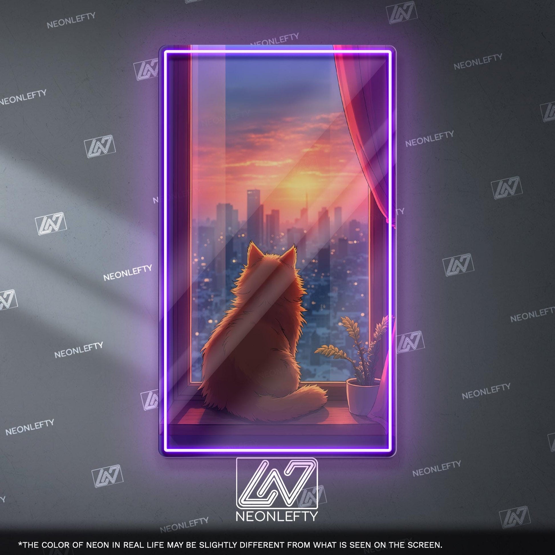 Cat Sunset Neon Sign - Cozy aesthetic cat wall decor with city view and sunset vibes, perfect for bedroom, living room, office