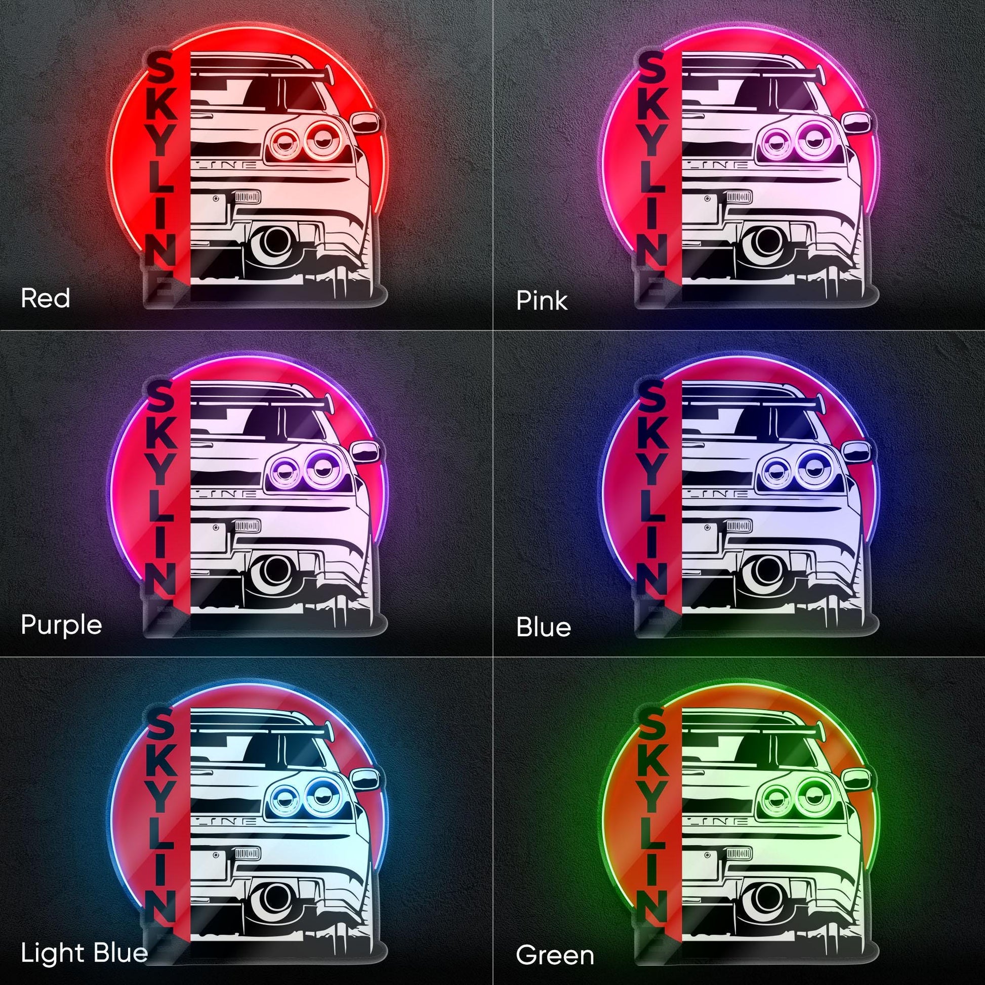 Nissan Skyline Neon Sign - Rear view wall art of legendary JDM icon R34, perfect for garage, man cave, tuner setup, street racing enthusiast