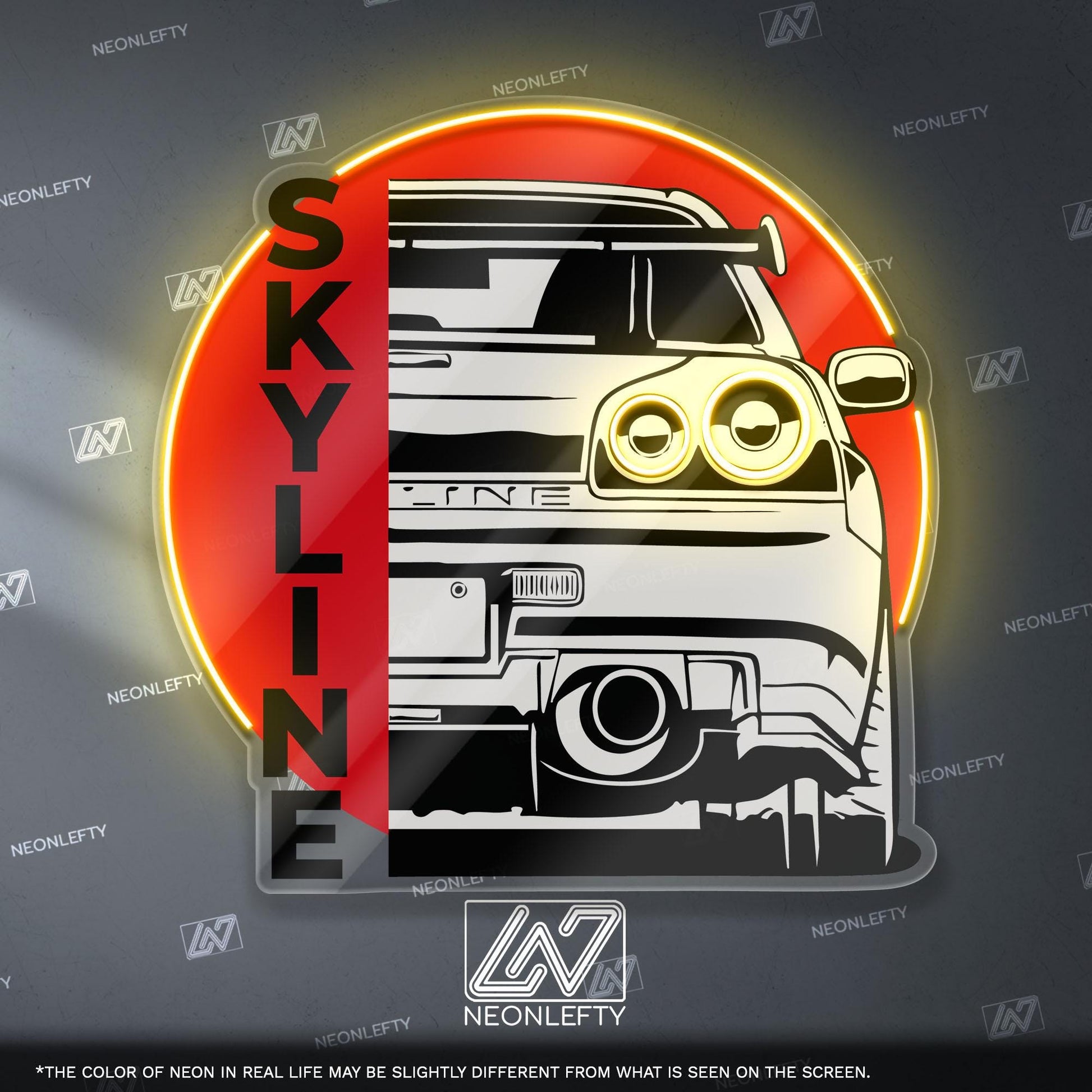 Nissan Skyline Neon Sign - Rear view wall art of legendary JDM icon R34, perfect for garage, man cave, tuner setup, street racing enthusiast