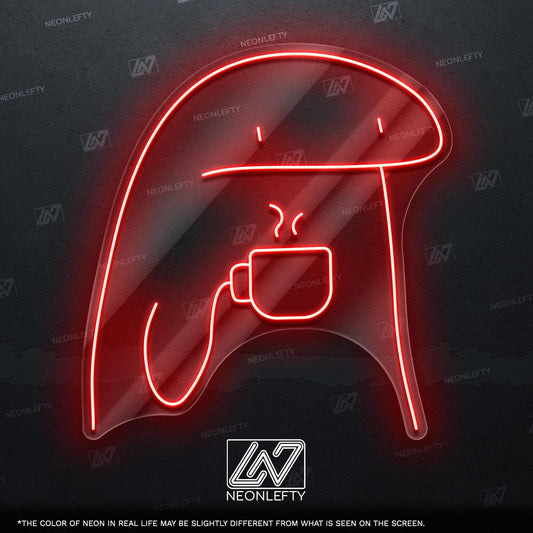 Neon sign featuring a playful character holding a coffee cup.