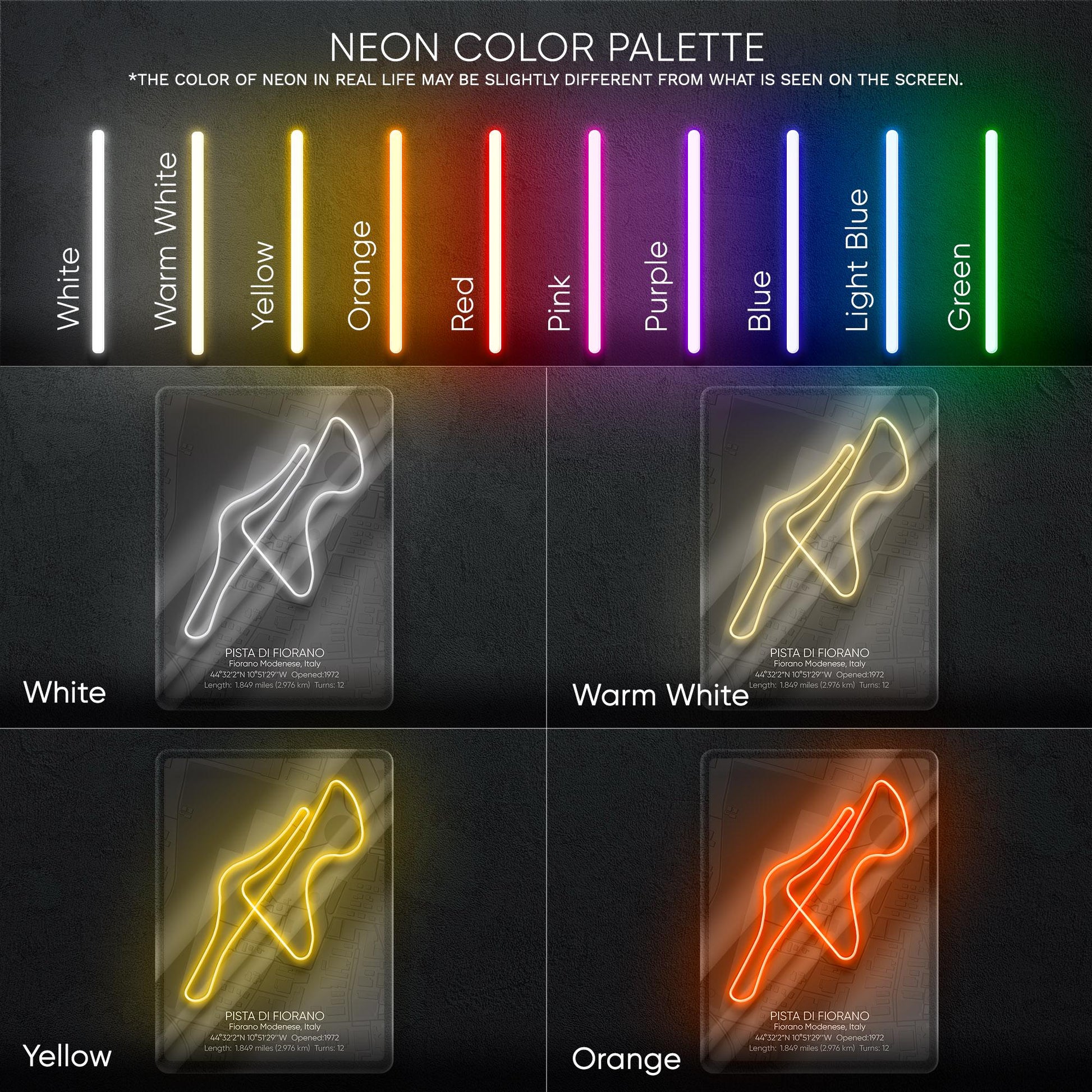 Fiorano Circuit Neon Sign - Iconic Ferrari test track wall art from Italy, perfect for garage, man cave, motorsport room, racing enthusiast