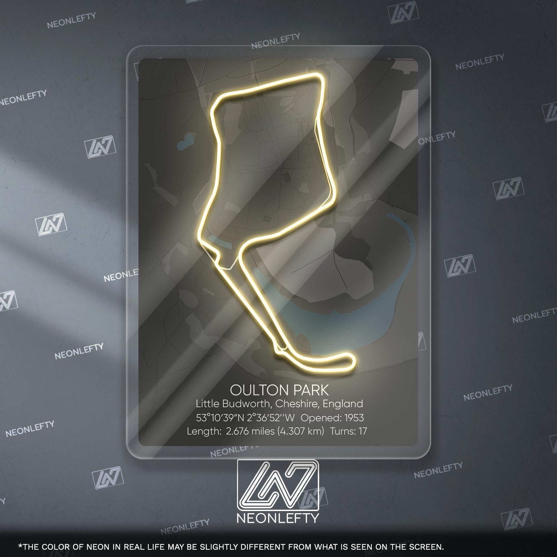 Oulton Park Neon Sign - Classic British motorsport circuit art for racing fans, perfect for garage, man cave, track-inspired decor space