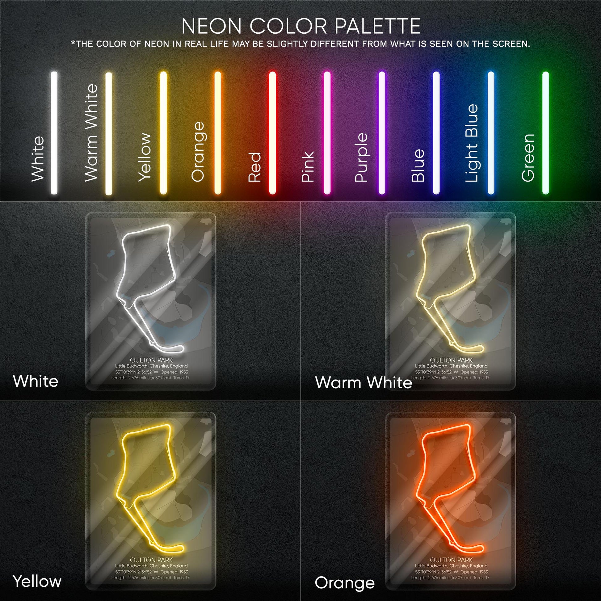 Oulton Park Neon Sign - Classic British motorsport circuit art for racing fans, perfect for garage, man cave, track-inspired decor space