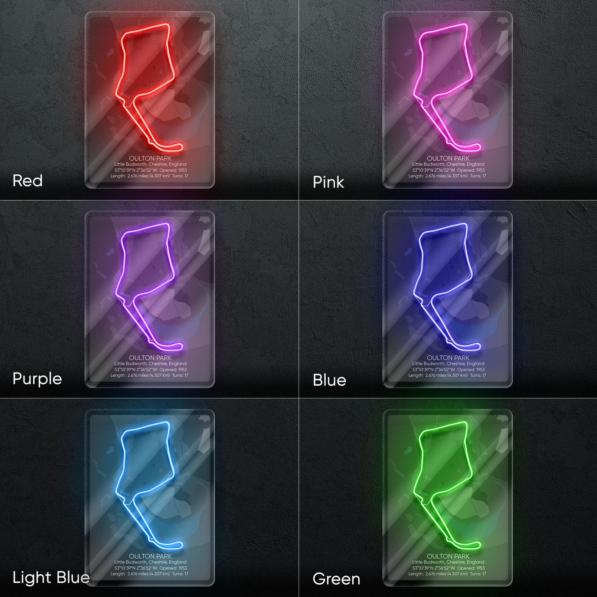 Oulton Park Neon Sign - Classic British motorsport circuit art for racing fans, perfect for garage, man cave, track-inspired decor space