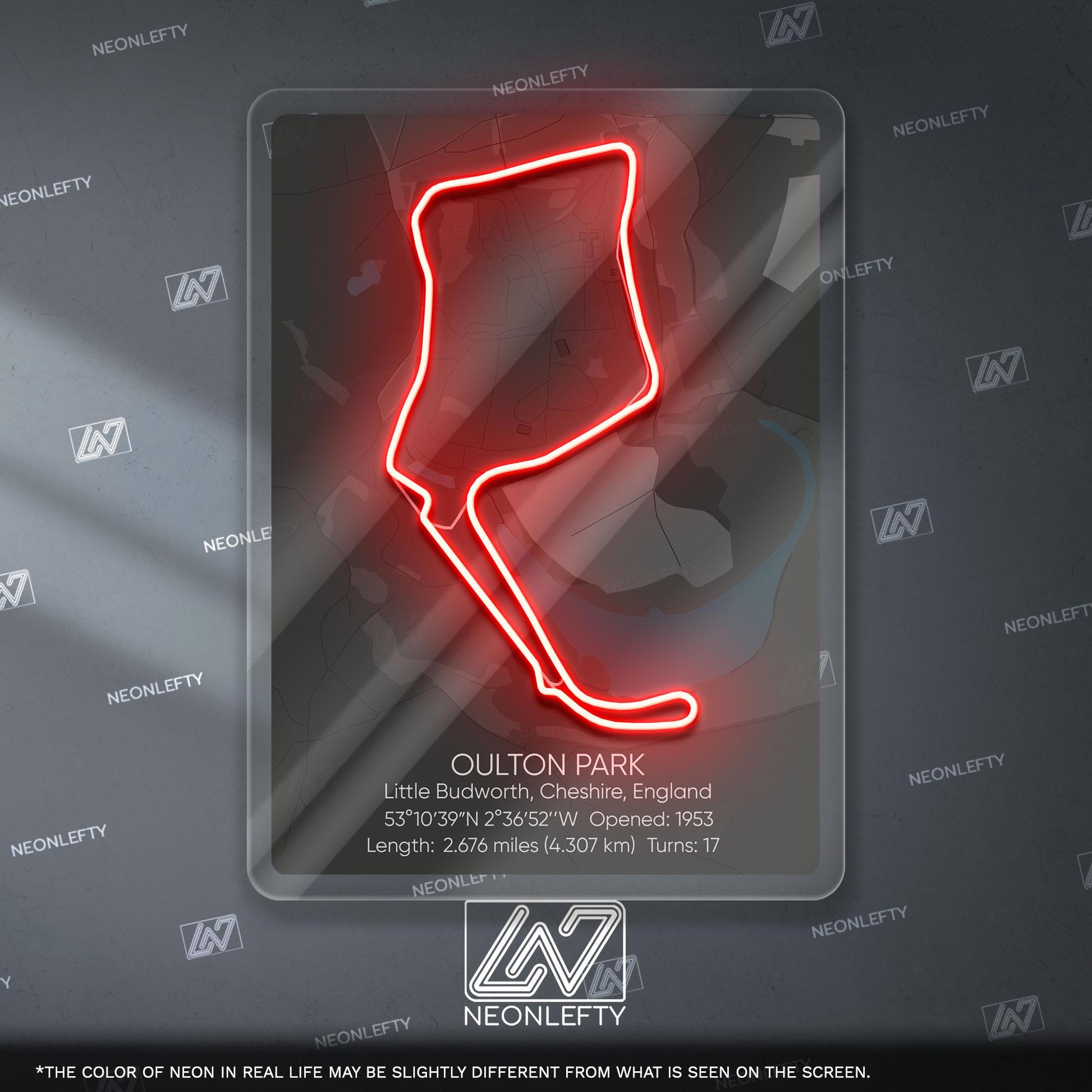 Oulton Park Neon Sign - Classic British motorsport circuit art for racing fans, perfect for garage, man cave, track-inspired decor space