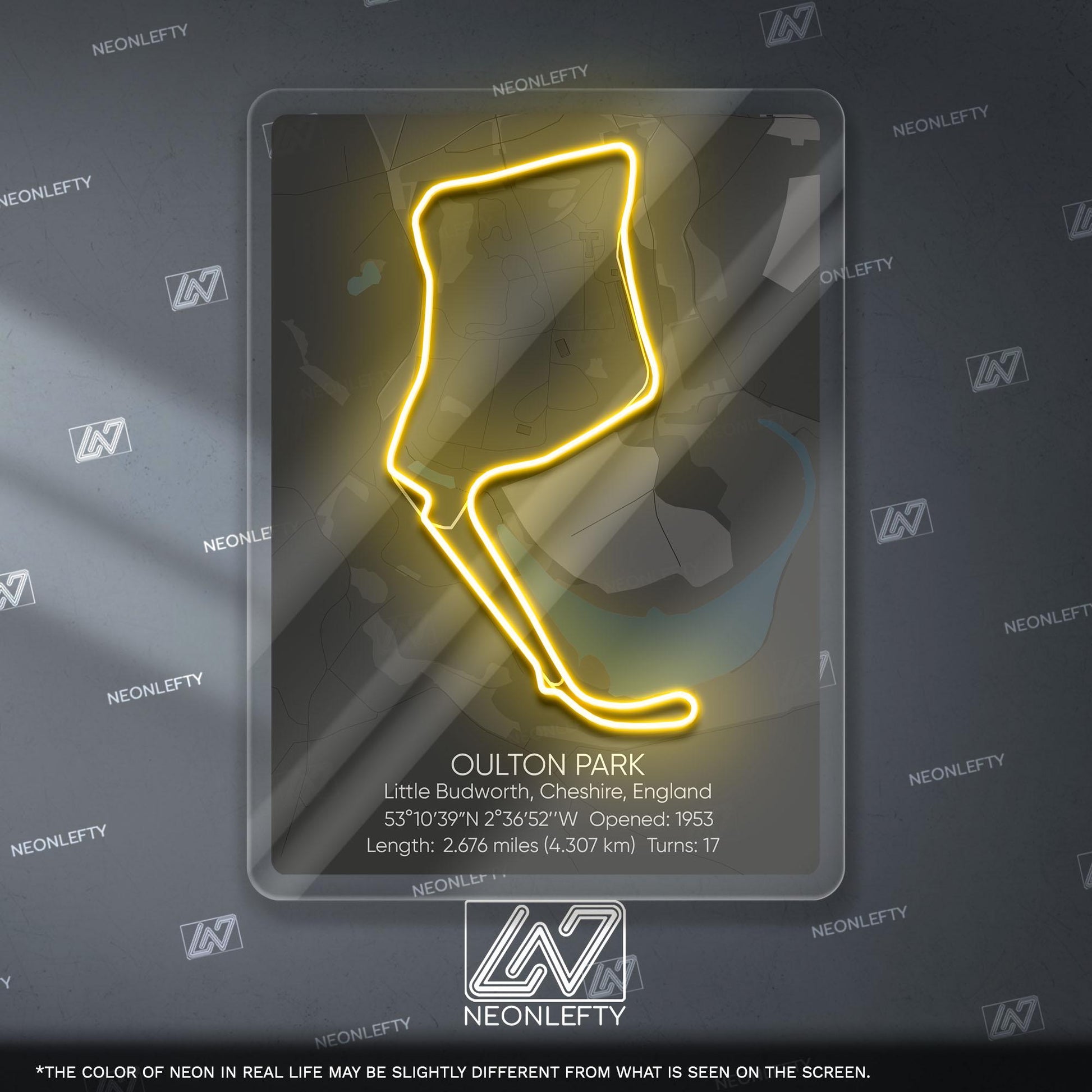 Oulton Park Neon Sign - Classic British motorsport circuit art for racing fans, perfect for garage, man cave, track-inspired decor space