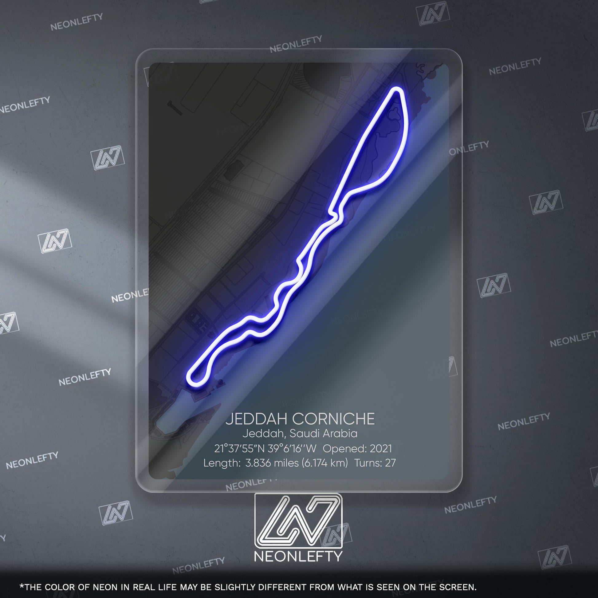Jeddah Circuit Neon Sign - Modern Formula 1 street circuit wall art inspired by the Saudi Arabian Grand Prix, perfect for garage, race fan