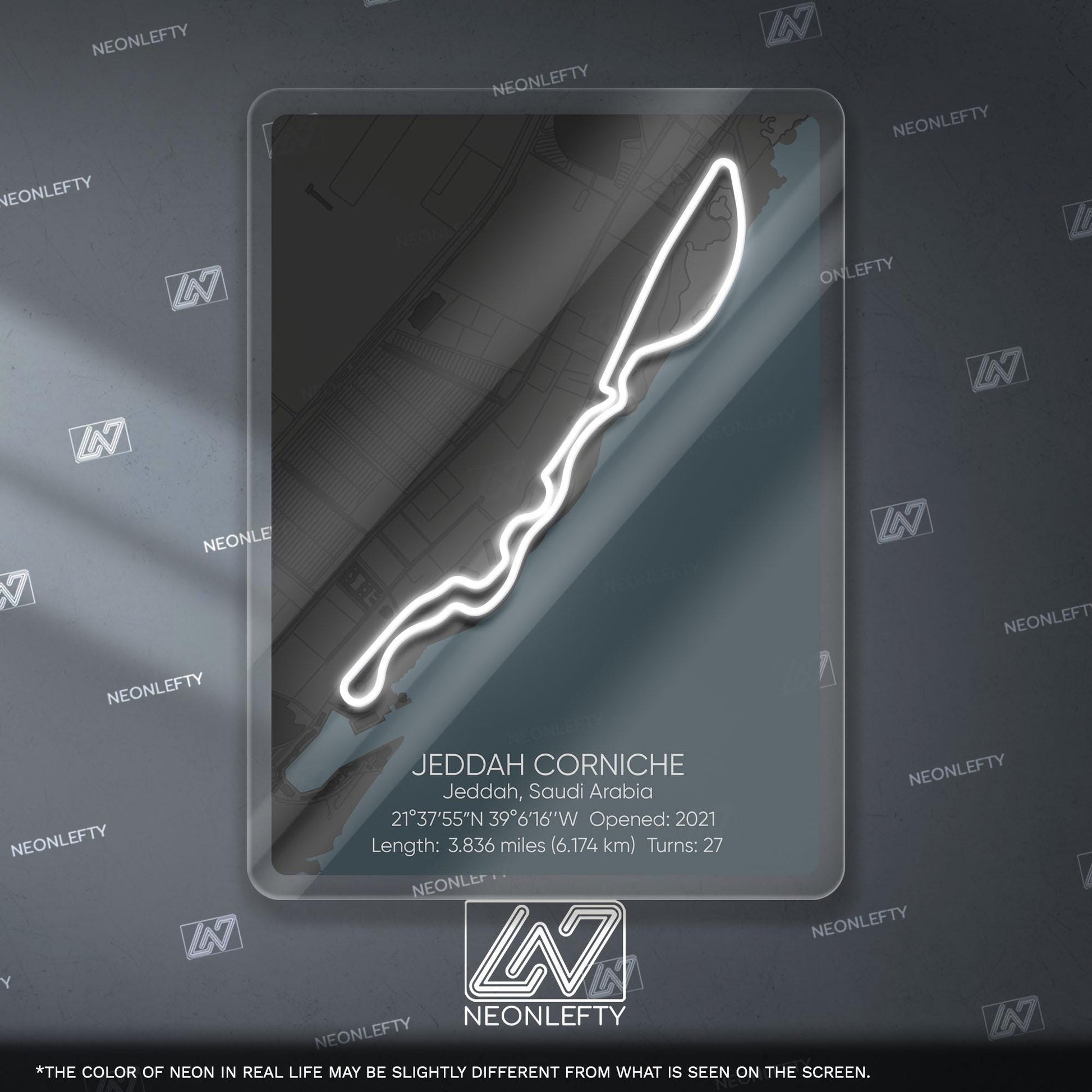 Jeddah Circuit Neon Sign - Modern Formula 1 street circuit wall art inspired by the Saudi Arabian Grand Prix, perfect for garage, race fan