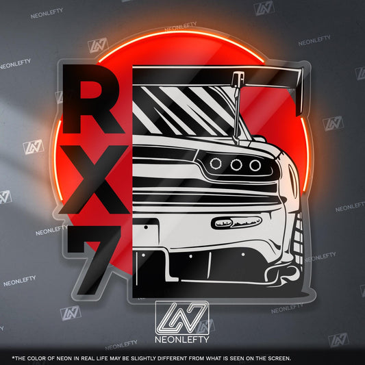 Mazda RX7 neon sign perfect for car enthusiasts and themed decor.