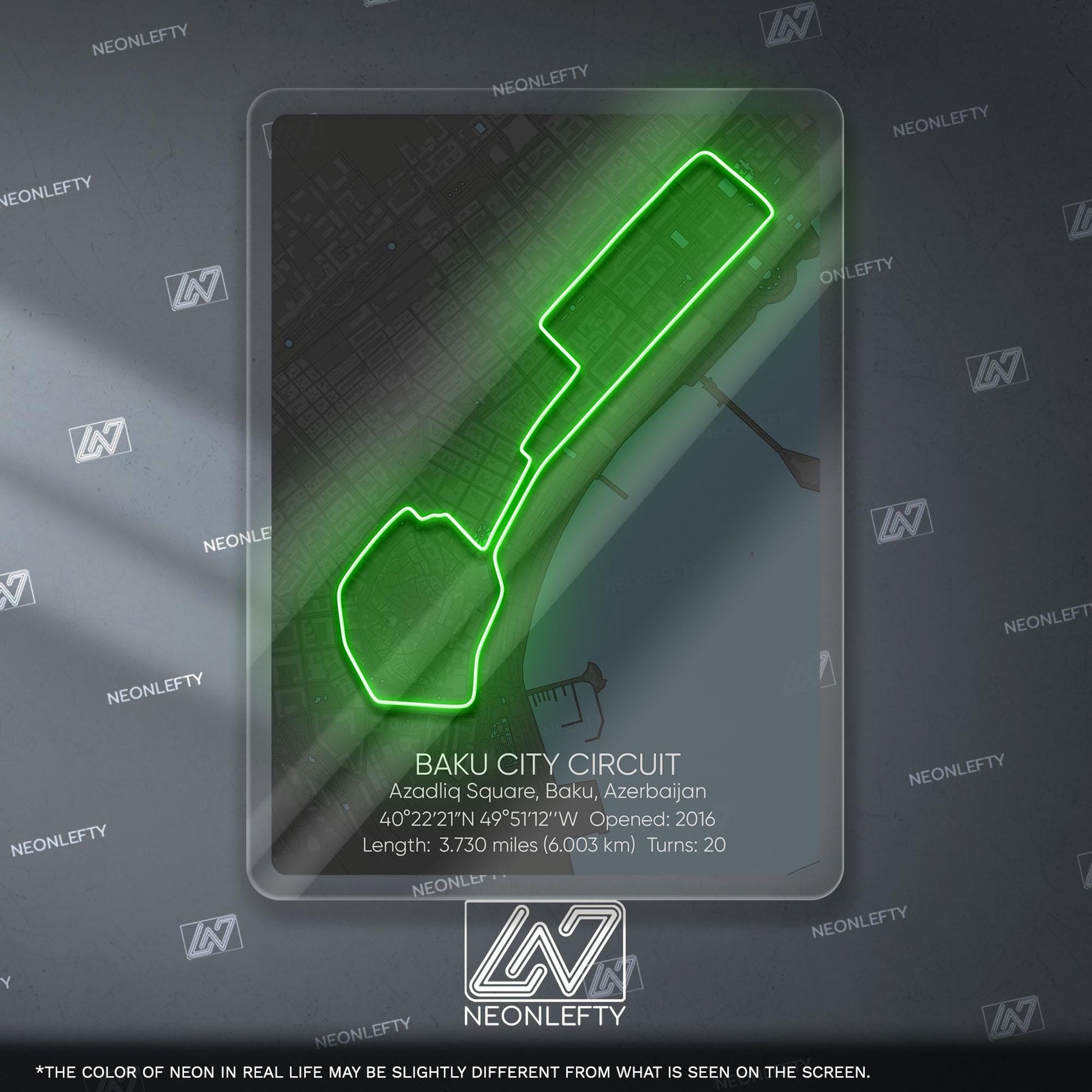 Baku Circuit Neon Sign - Iconic Formula 1 street track wall art inspired by the Azerbaijan Grand Prix, perfect for garage, racing decor