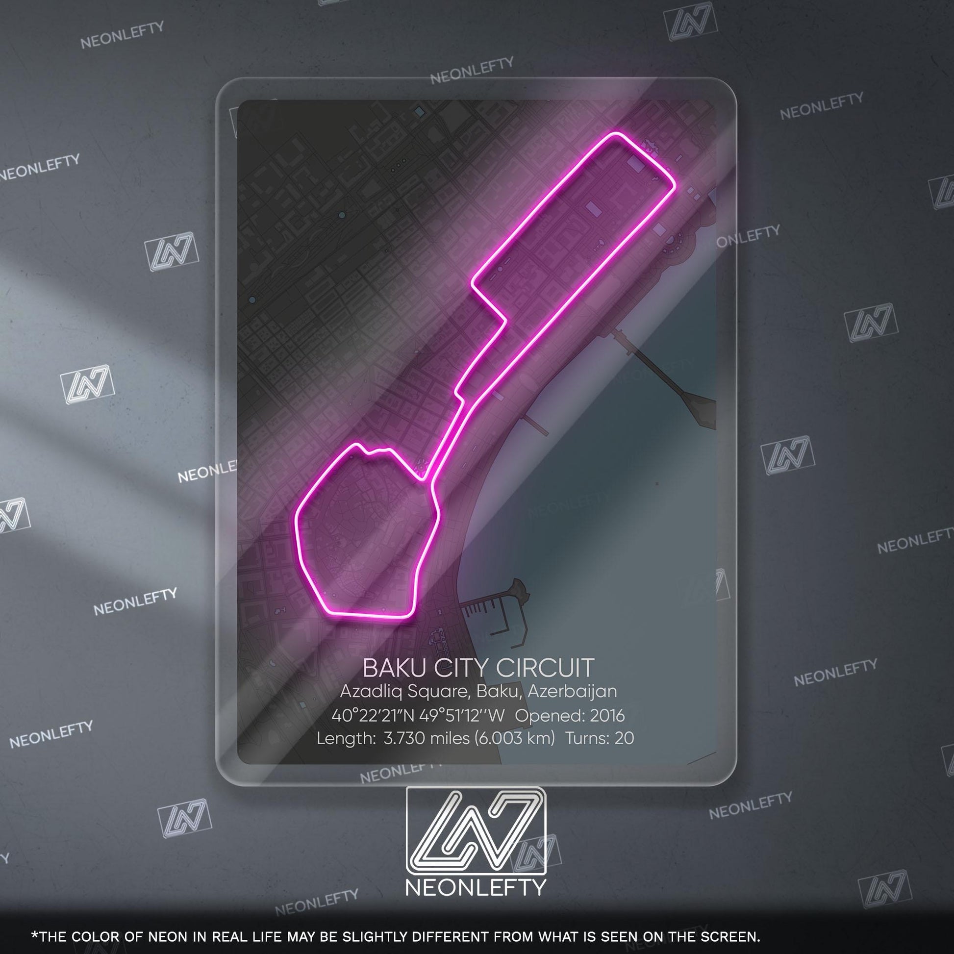 Baku Circuit Neon Sign - Iconic Formula 1 street track wall art inspired by the Azerbaijan Grand Prix, perfect for garage, racing decor