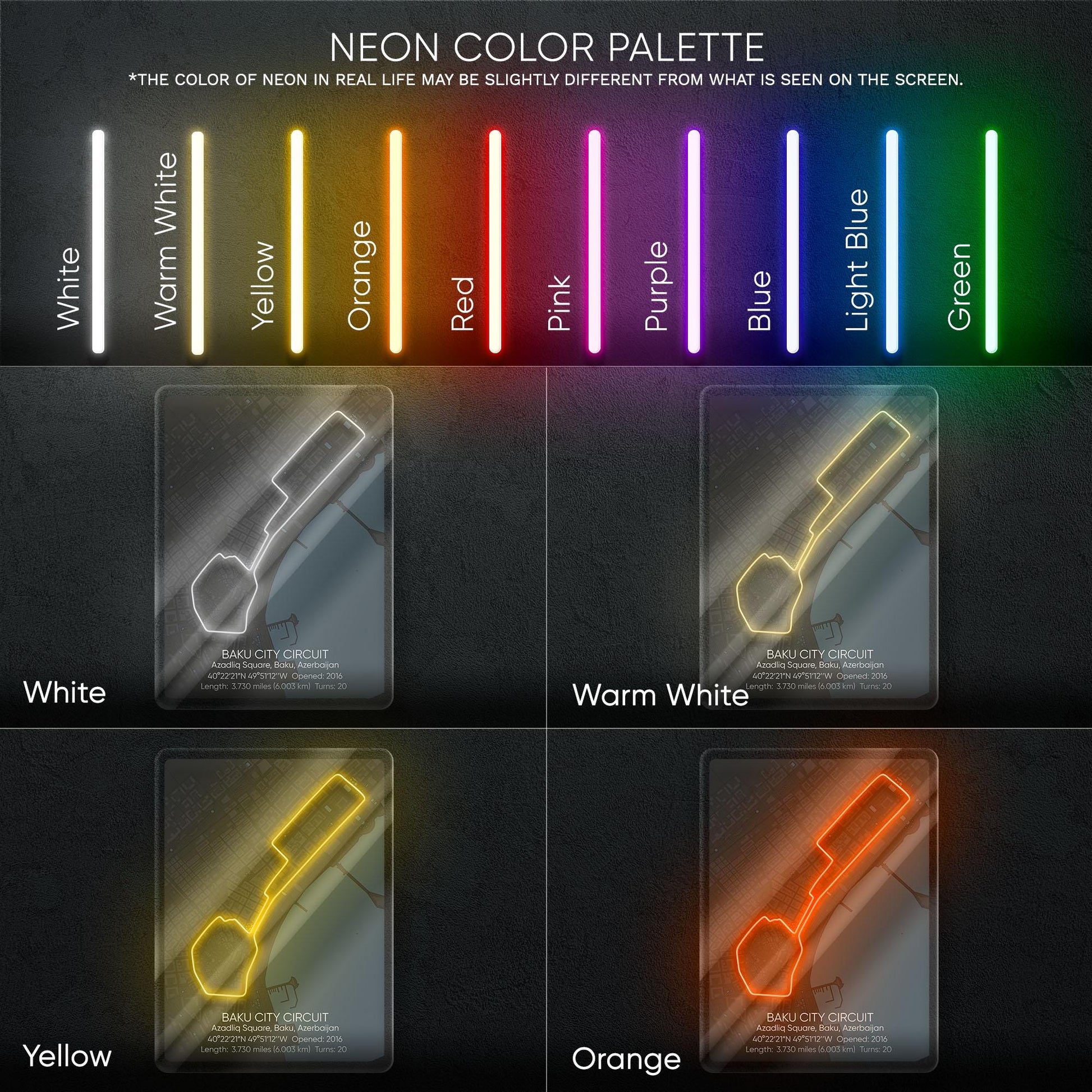 Baku Circuit Neon Sign - Iconic Formula 1 street track wall art inspired by the Azerbaijan Grand Prix, perfect for garage, racing decor