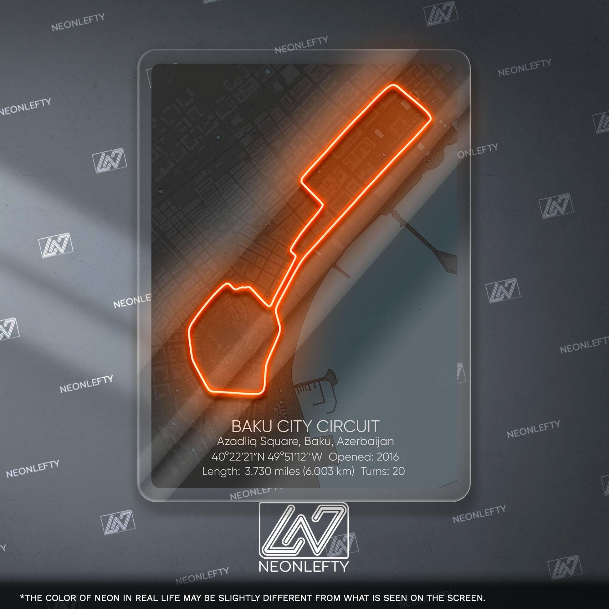 Baku Circuit Neon Sign - Iconic Formula 1 street track wall art inspired by the Azerbaijan Grand Prix, perfect for garage, racing decor