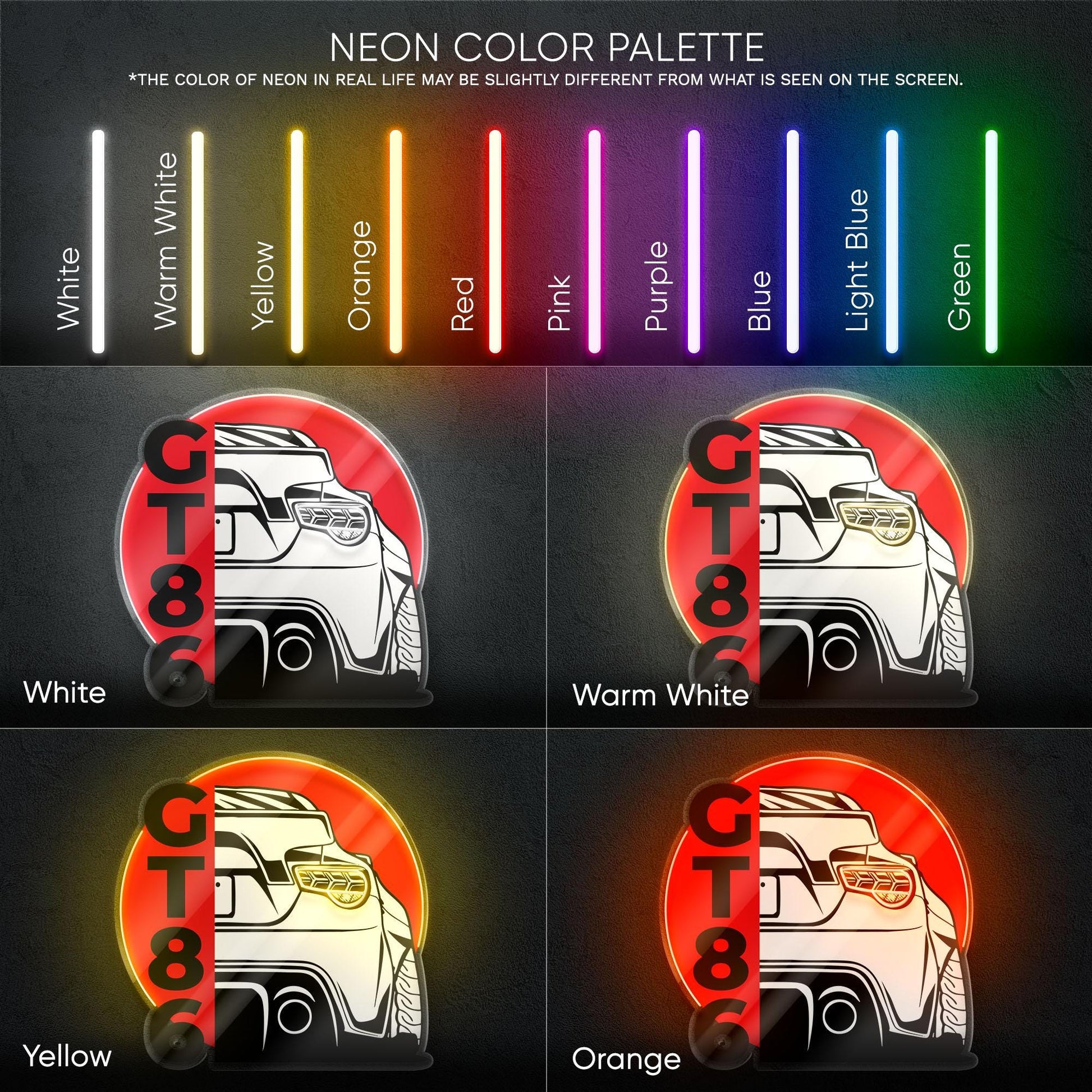 Toyota GT86 Neon Sign - Rear view wall art of iconic JDM coupe, perfect for garage, man cave, tuner setup or drift car enthusiast collection