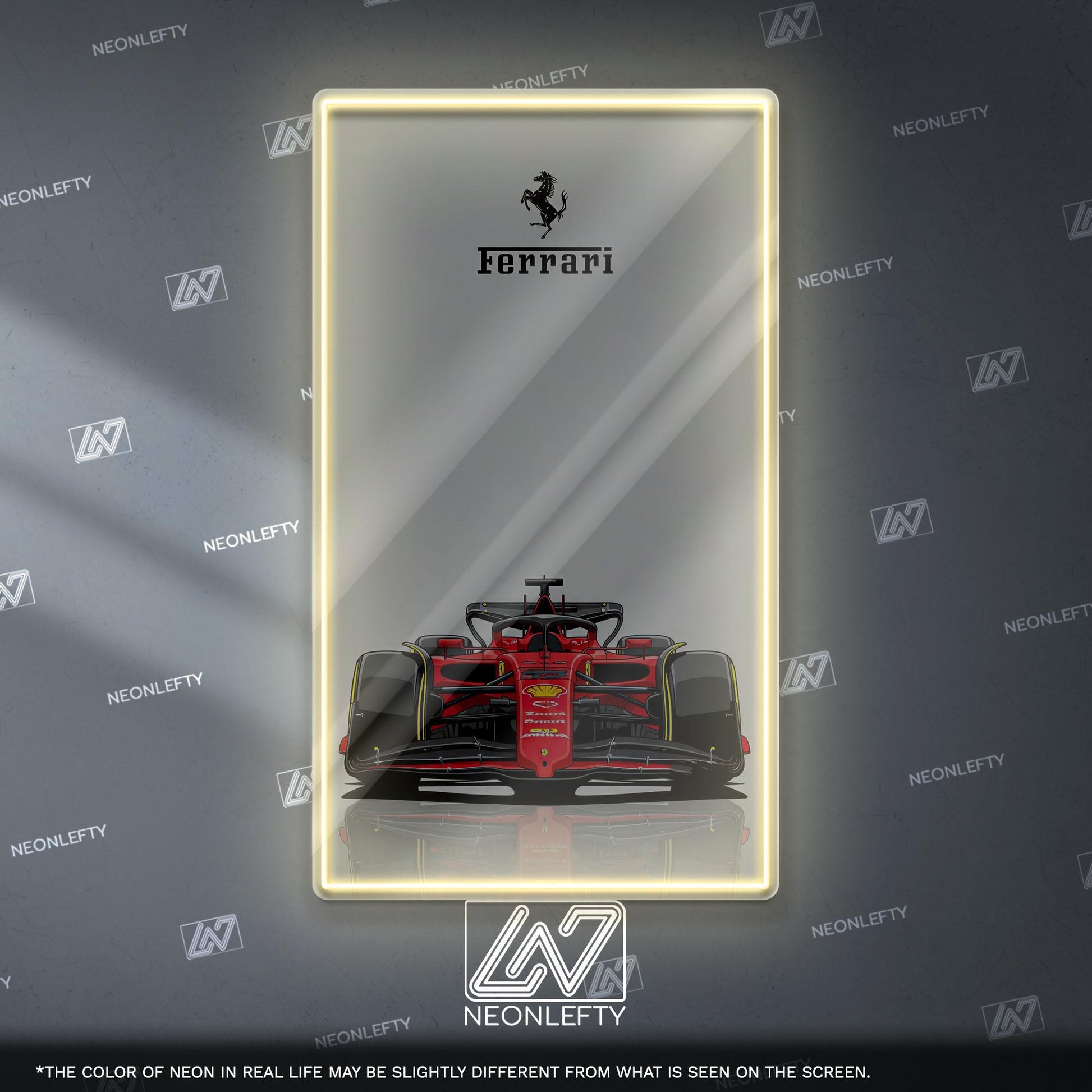 Ferrari F1 Neon Sign - Bold front view wall art of iconic Scuderia Ferrari Formula 1 car, perfect for garage, man cave, office or motorsport