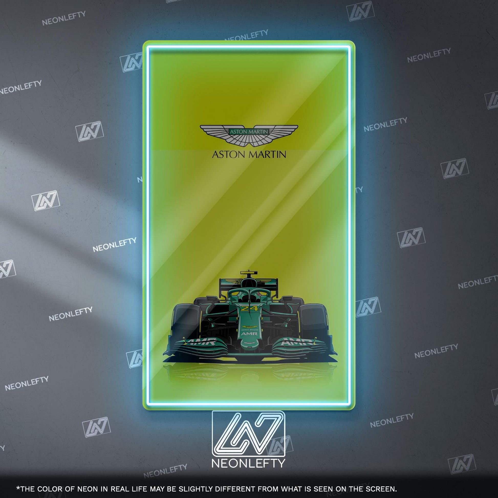 Aston Martin F1 Neon Sign - Front view wall art of Aston Martin Formula 1 car, perfect for garage, man cave, office or motorsport decor