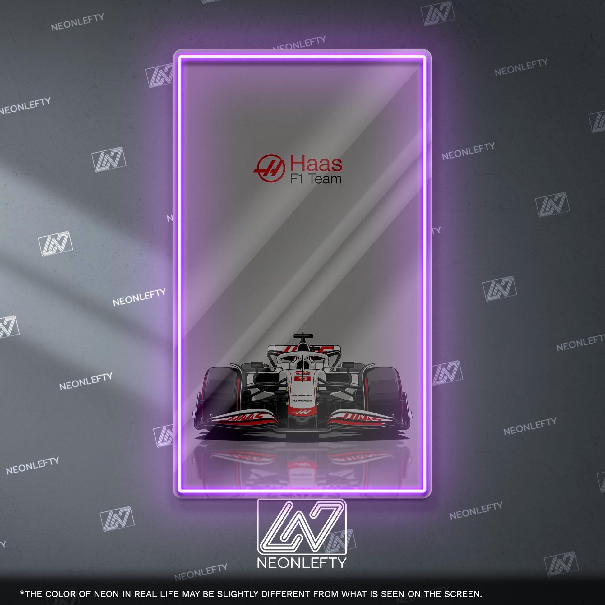 Haas F1 Team Neon Sign - Bold front view wall art of American Formula 1 car, perfect for garage, man cave, office or motorsport collection