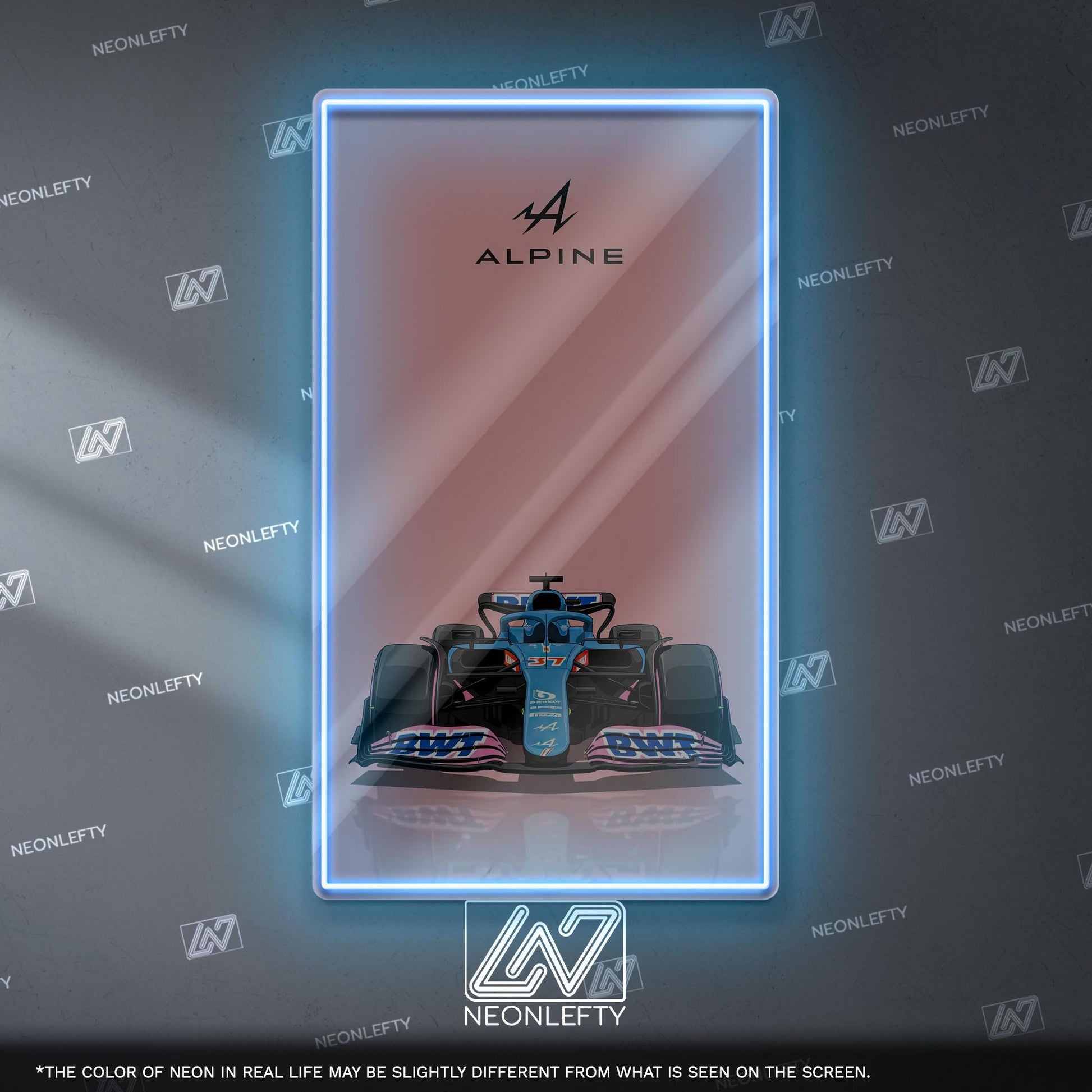 Alpine F1 Neon Sign - Front view wall art of Alpine Formula 1 car, perfect for garage, man cave, office or motorsport enthusiast interior