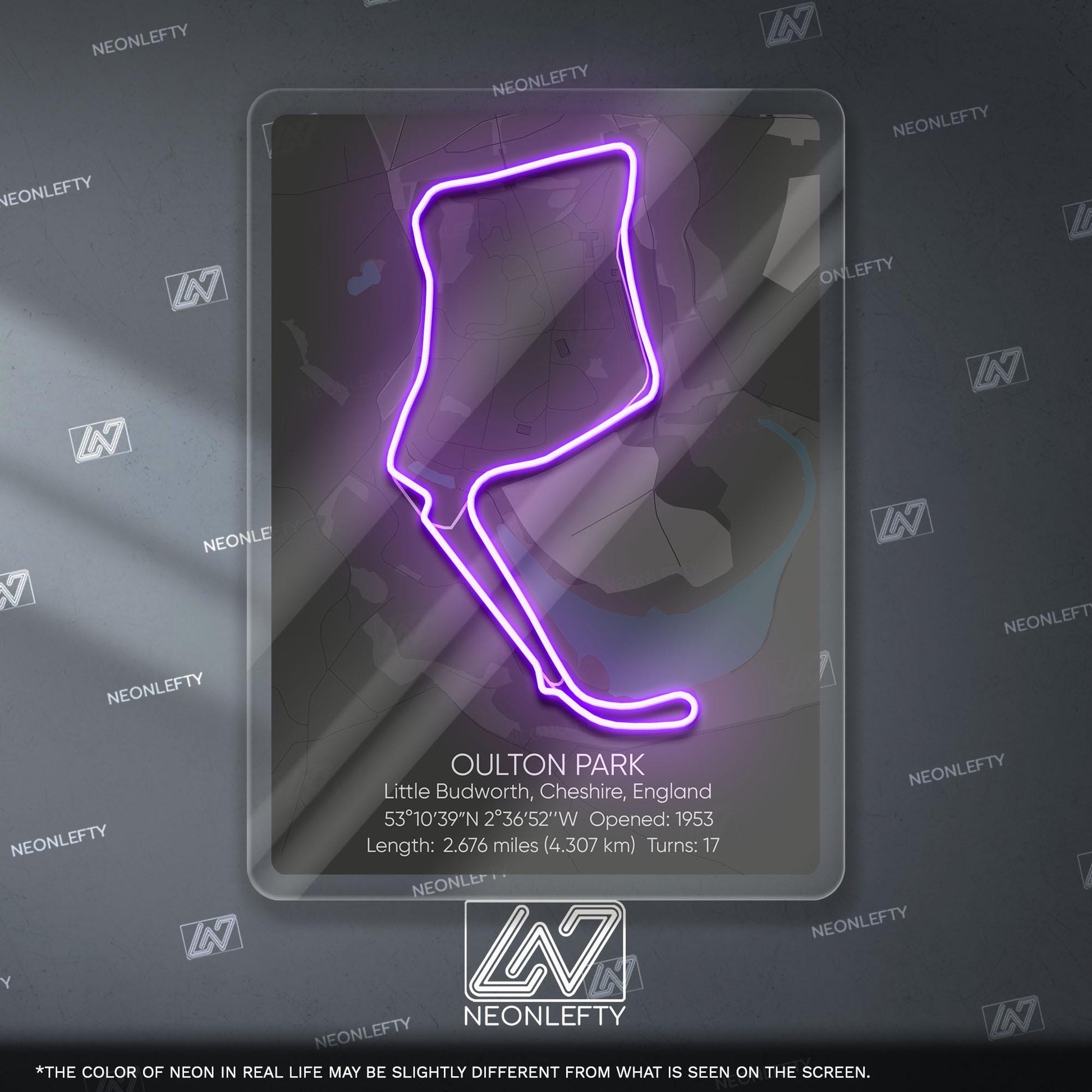 Oulton Park Neon Sign - Classic British motorsport circuit art for racing fans, perfect for garage, man cave, track-inspired decor space