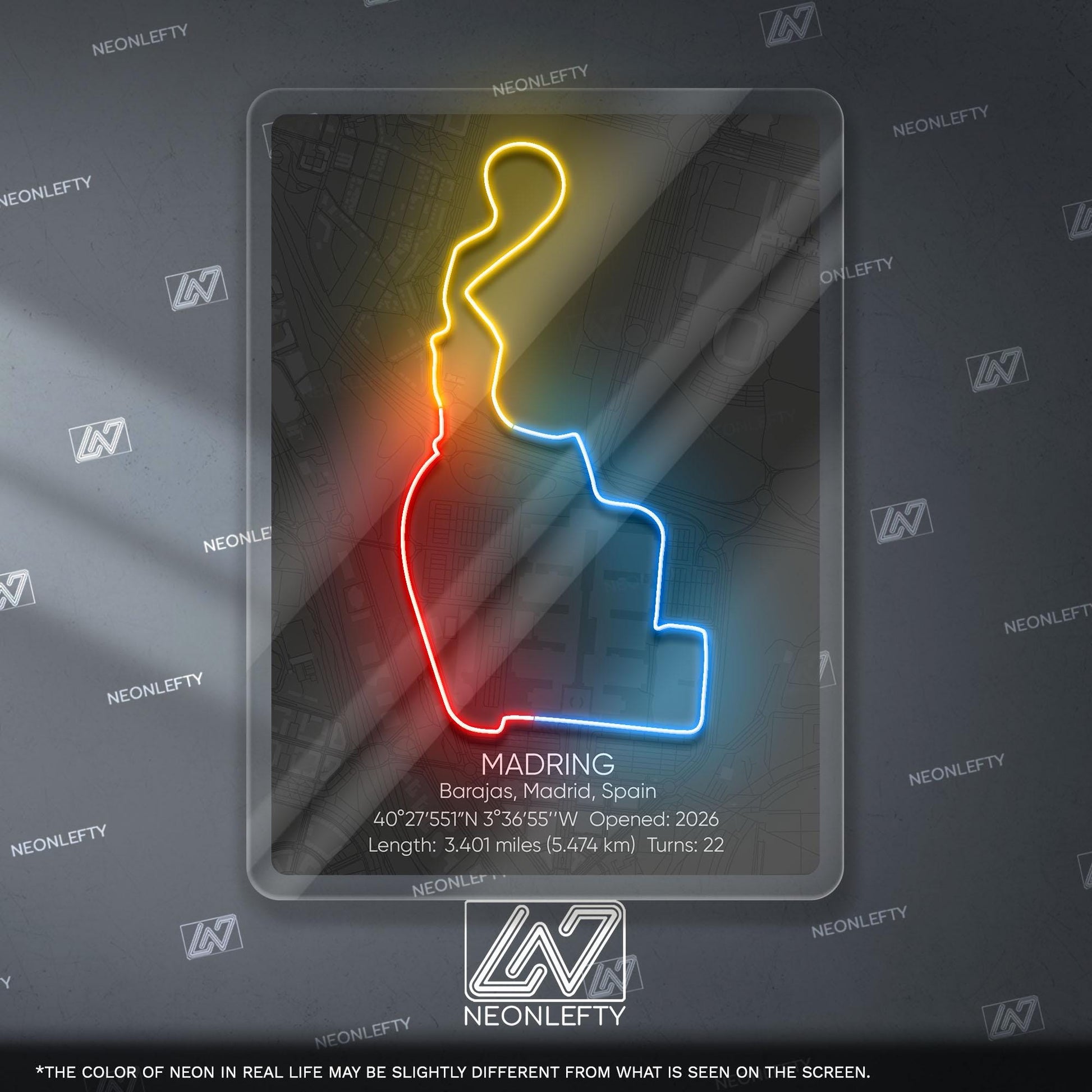 Madring Circuit Neon Sign - Modern racing track wall art inspired by Circuito de Madring, perfect for garage, man cave, motorsport room