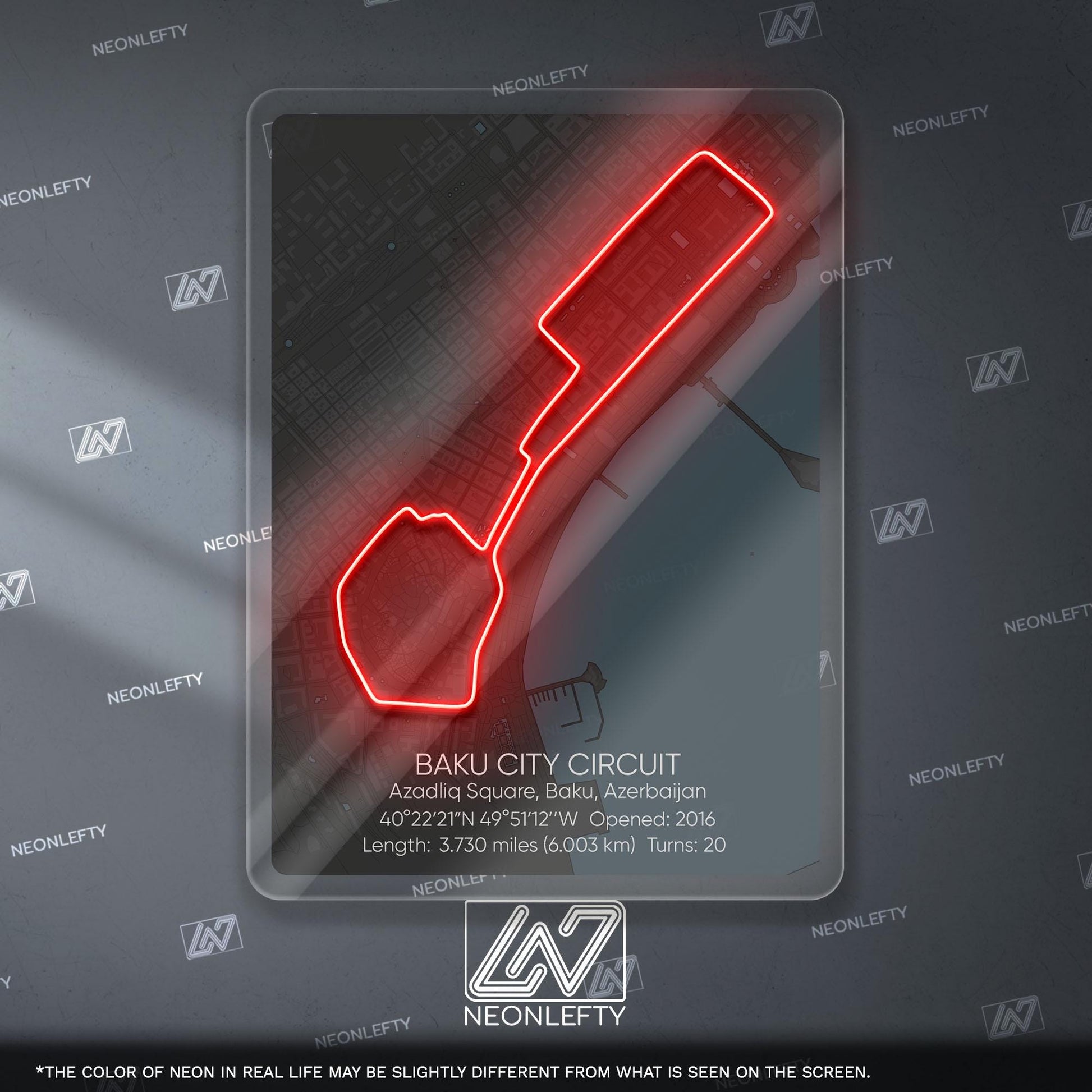 Baku Circuit Neon Sign - Iconic Formula 1 street track wall art inspired by the Azerbaijan Grand Prix, perfect for garage, racing decor