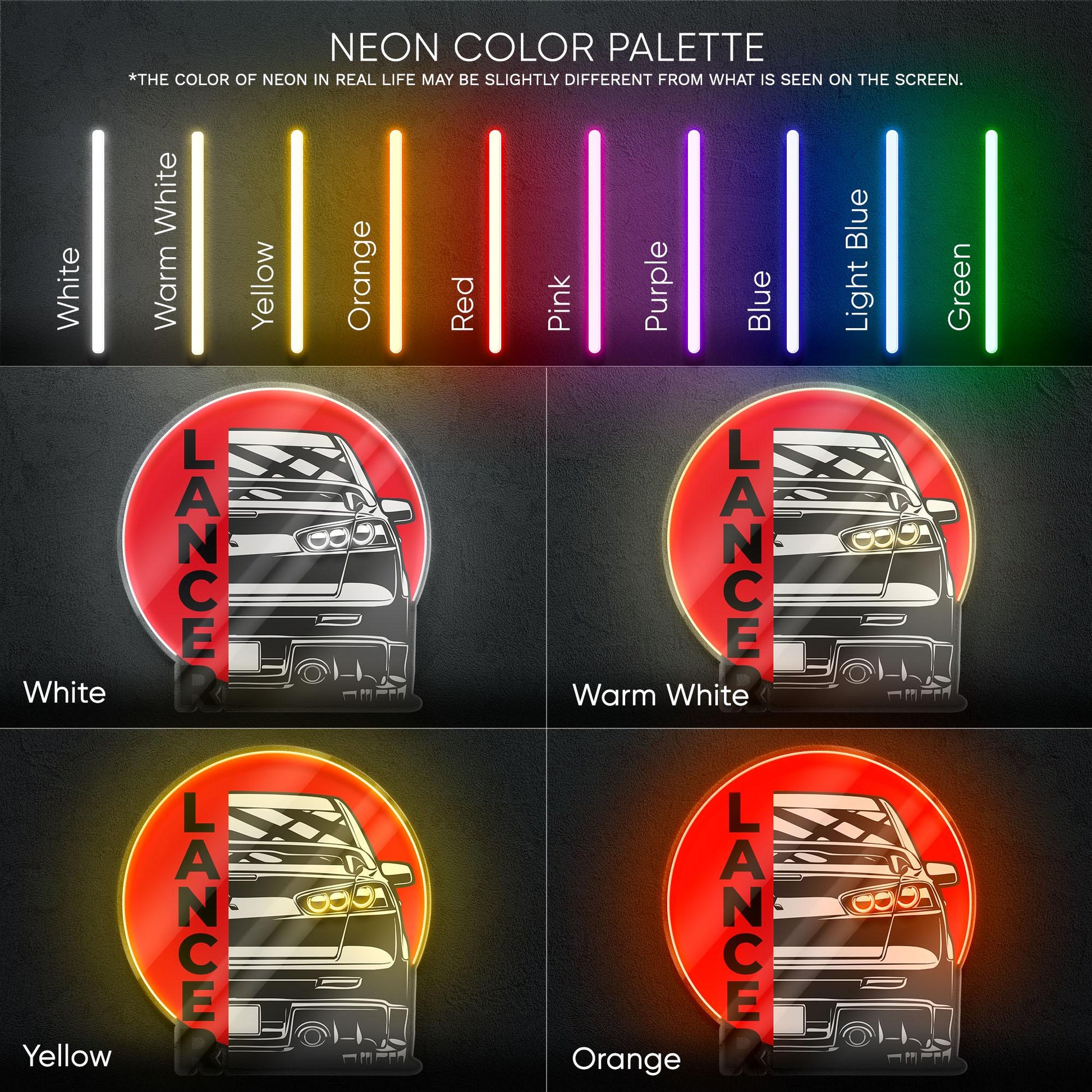 Lancer Evo X Neon Sign - Rear view wall art of iconic Mitsubishi Evo X, perfect for garage, man cave, tuner room or JDM rally car enthusiast