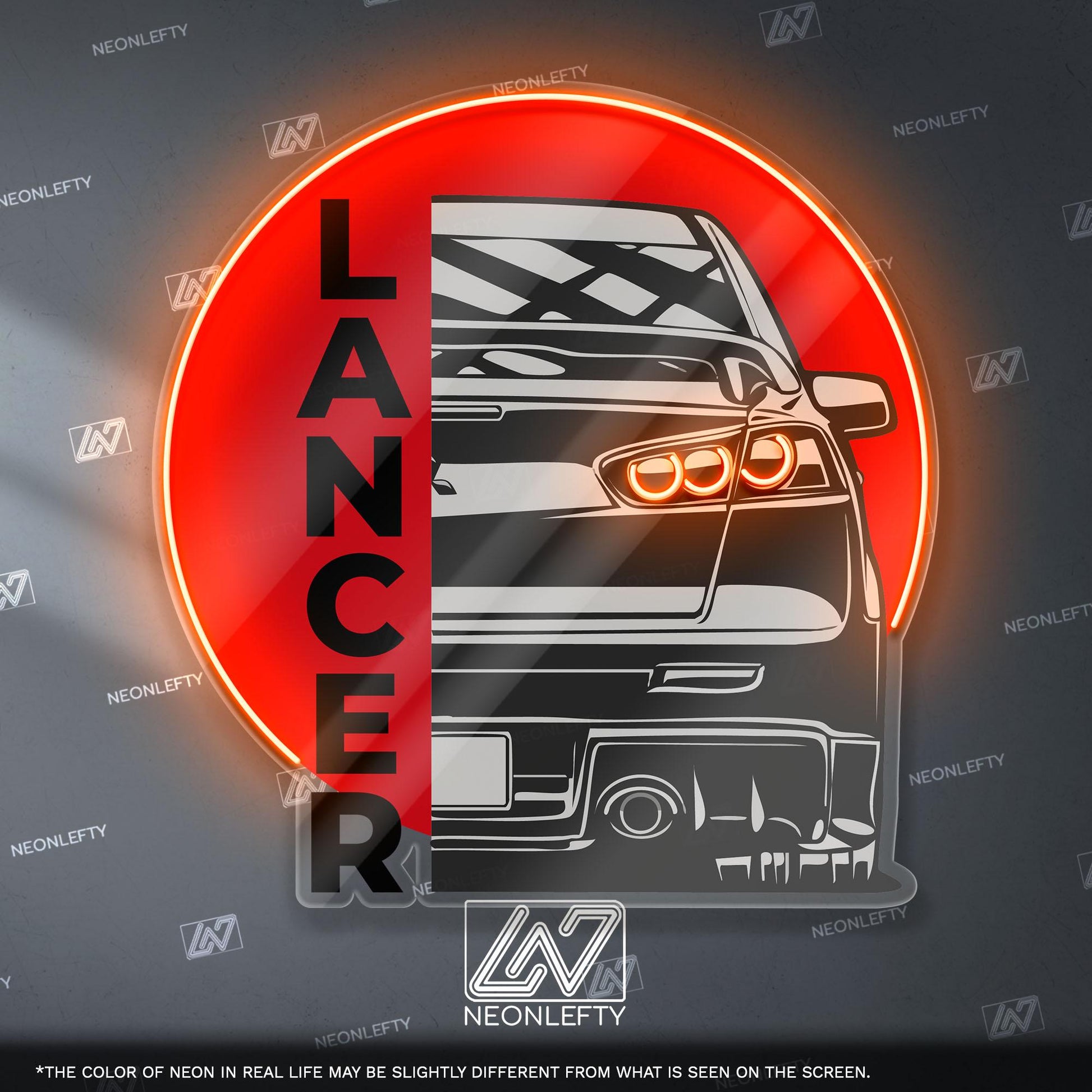 Lancer Evo X Neon Sign - Rear view wall art of iconic Mitsubishi Evo X, perfect for garage, man cave, tuner room or JDM rally car enthusiast