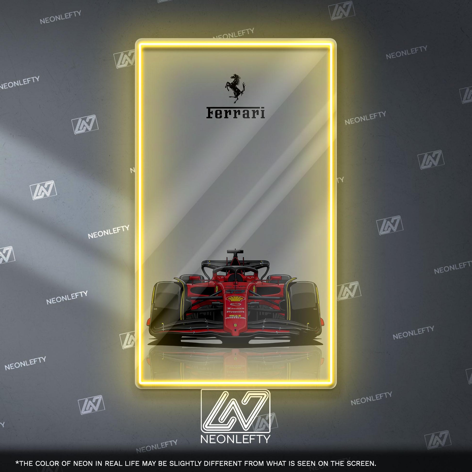 Ferrari F1 Neon Sign - Bold front view wall art of iconic Scuderia Ferrari Formula 1 car, perfect for garage, man cave, office or motorsport