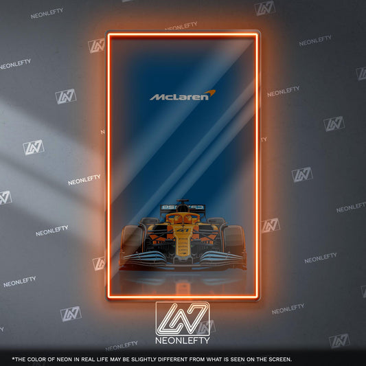 McLaren F1 Neon Sign - Bold front view wall art of iconic McLaren Formula 1 car, perfect for garage, man cave, office or motorsport setup